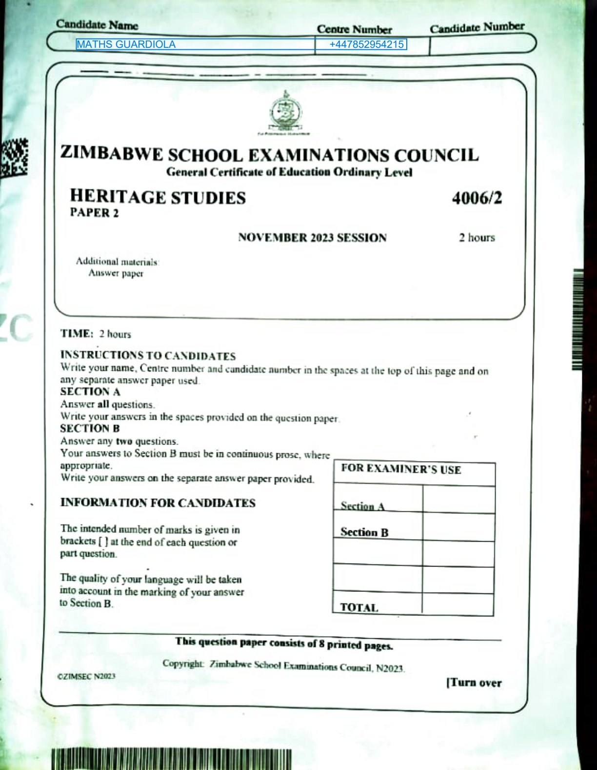 First page of ZIMSEC O-Level Family and Heritage Studies Paper 2 November 2023 Question Paper