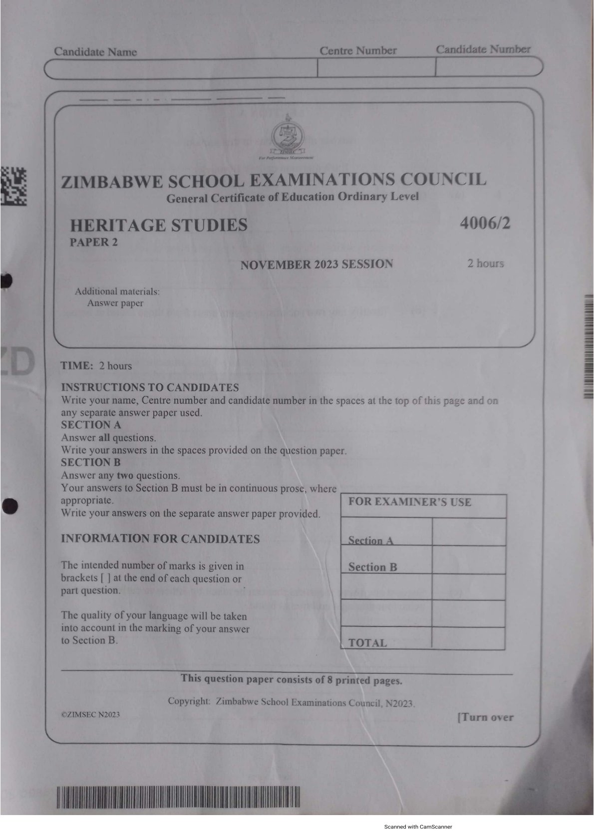 First page of ZIMSEC O-Level Family and Heritage Studies Paper 2 November 2023 Question Paper