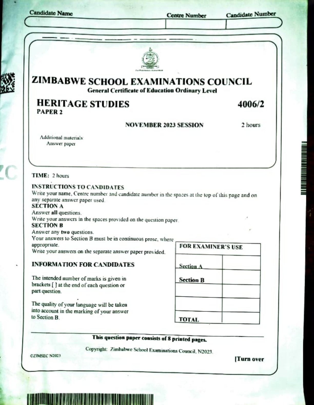 First page of ZIMSEC O-Level Family and Heritage Studies Paper 2 November 2023 Question Paper