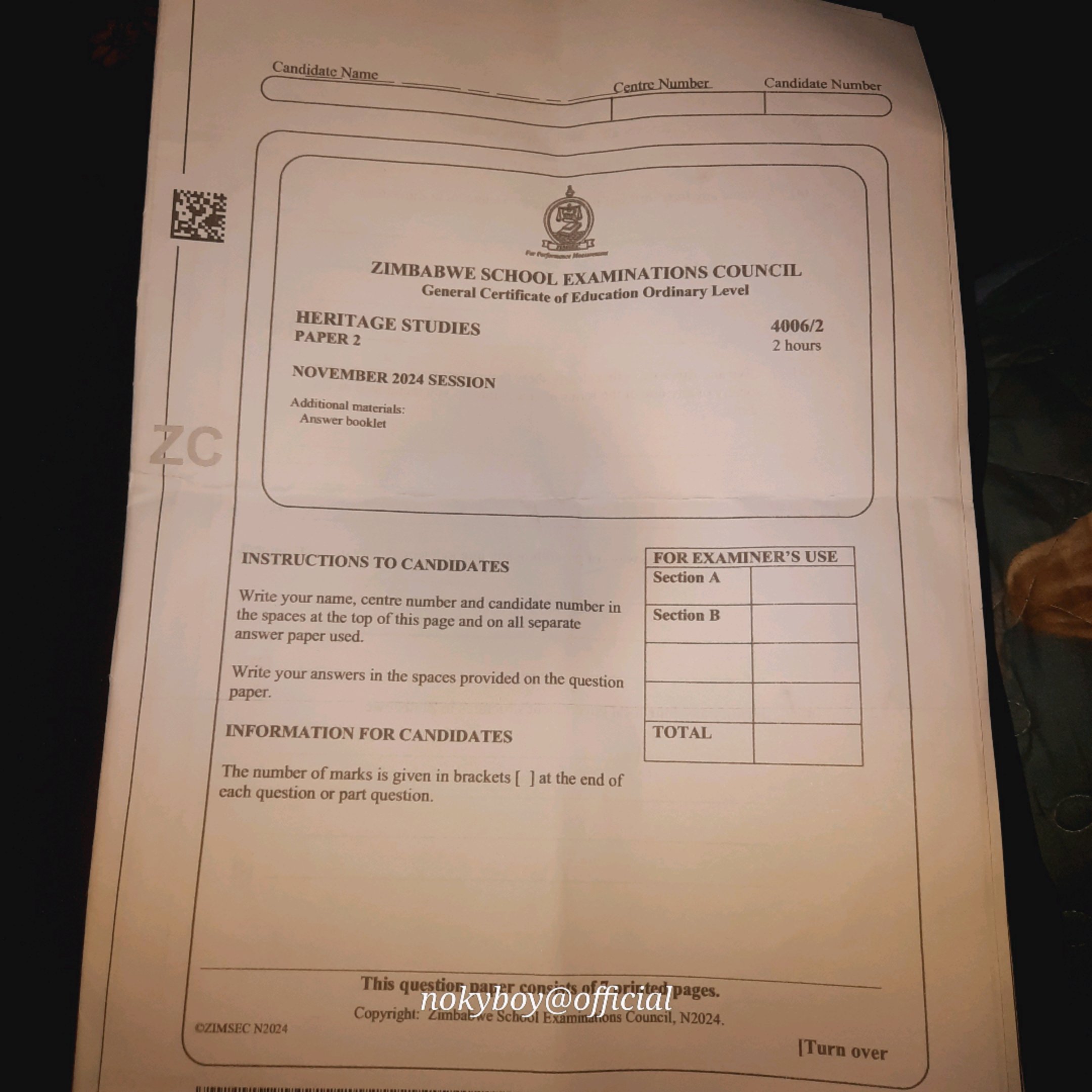 First page of ZIMSEC O-Level Family and Heritage Studies Paper 2 November 2024 Question Paper