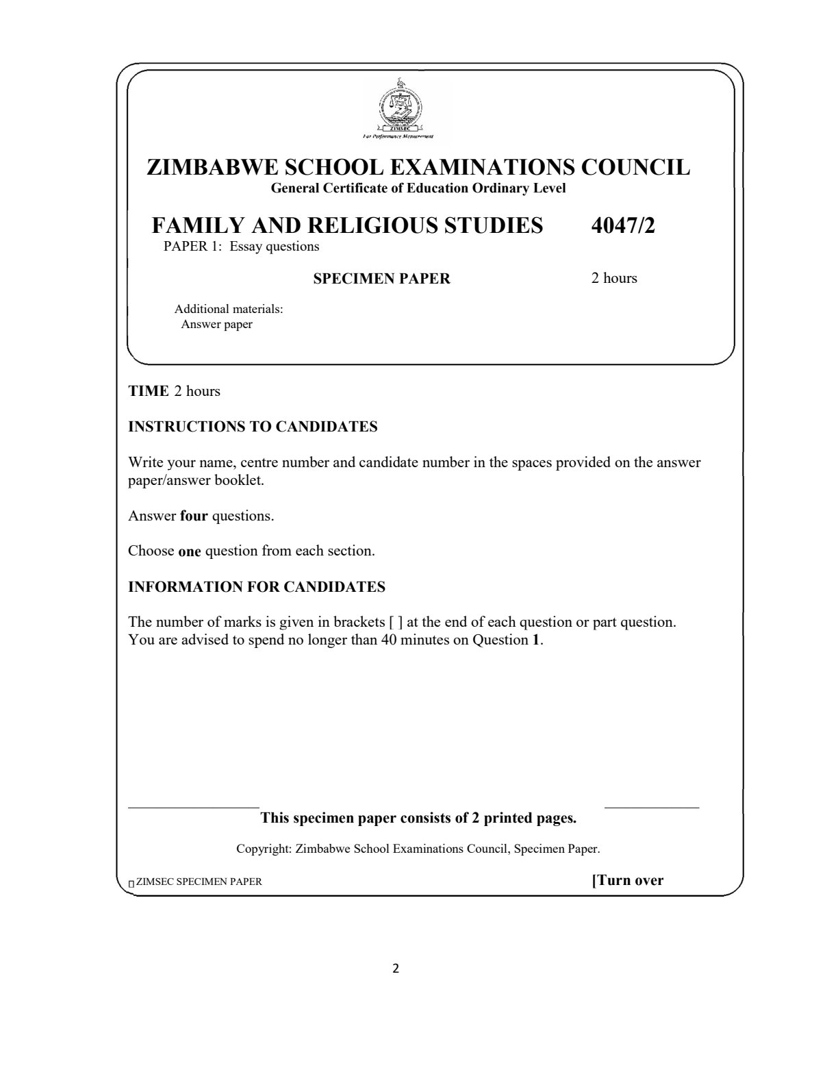 First page of ZIMSEC O-Level Family and Religious Studies Paper 1 2022 Question Paper