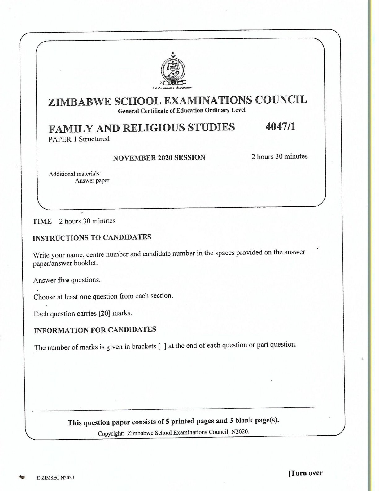 First page of ZIMSEC O-Level Family and Religious Studies Paper 1 November 2020 Question Paper