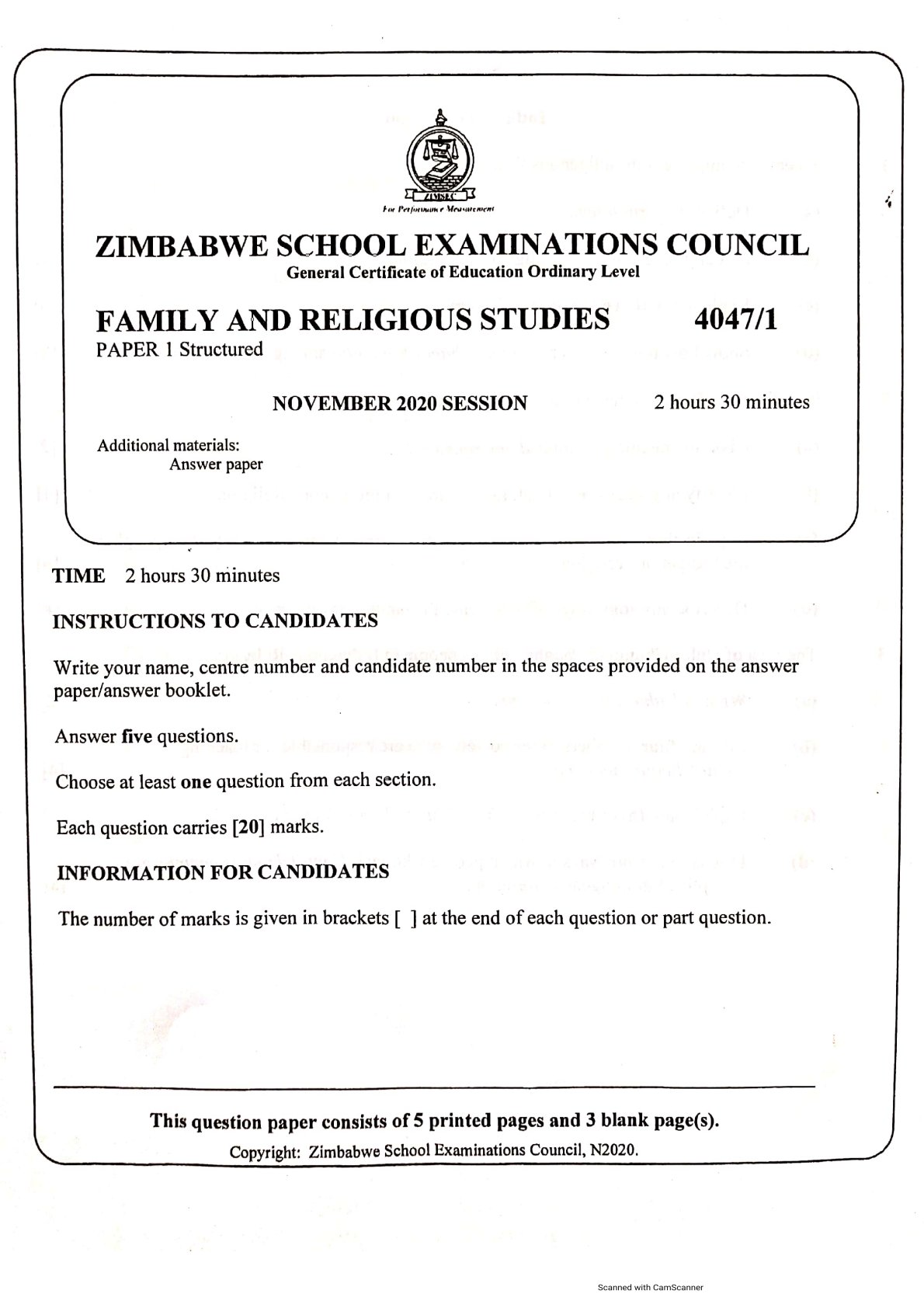 First page of ZIMSEC O-Level Family and Religious Studies Paper 1 November 2020 Question Paper
