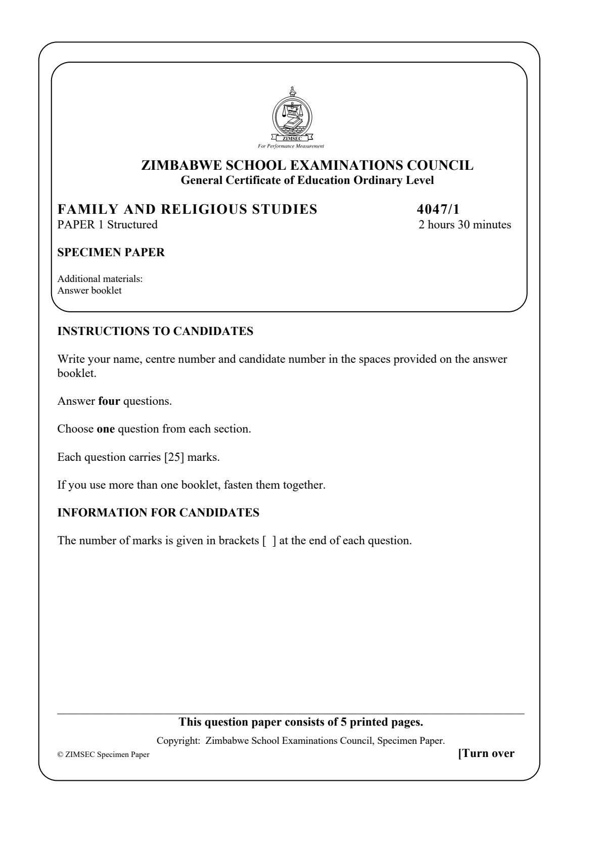First page of ZIMSEC O-Level Family and Religious Studies Paper 1 Question Paper