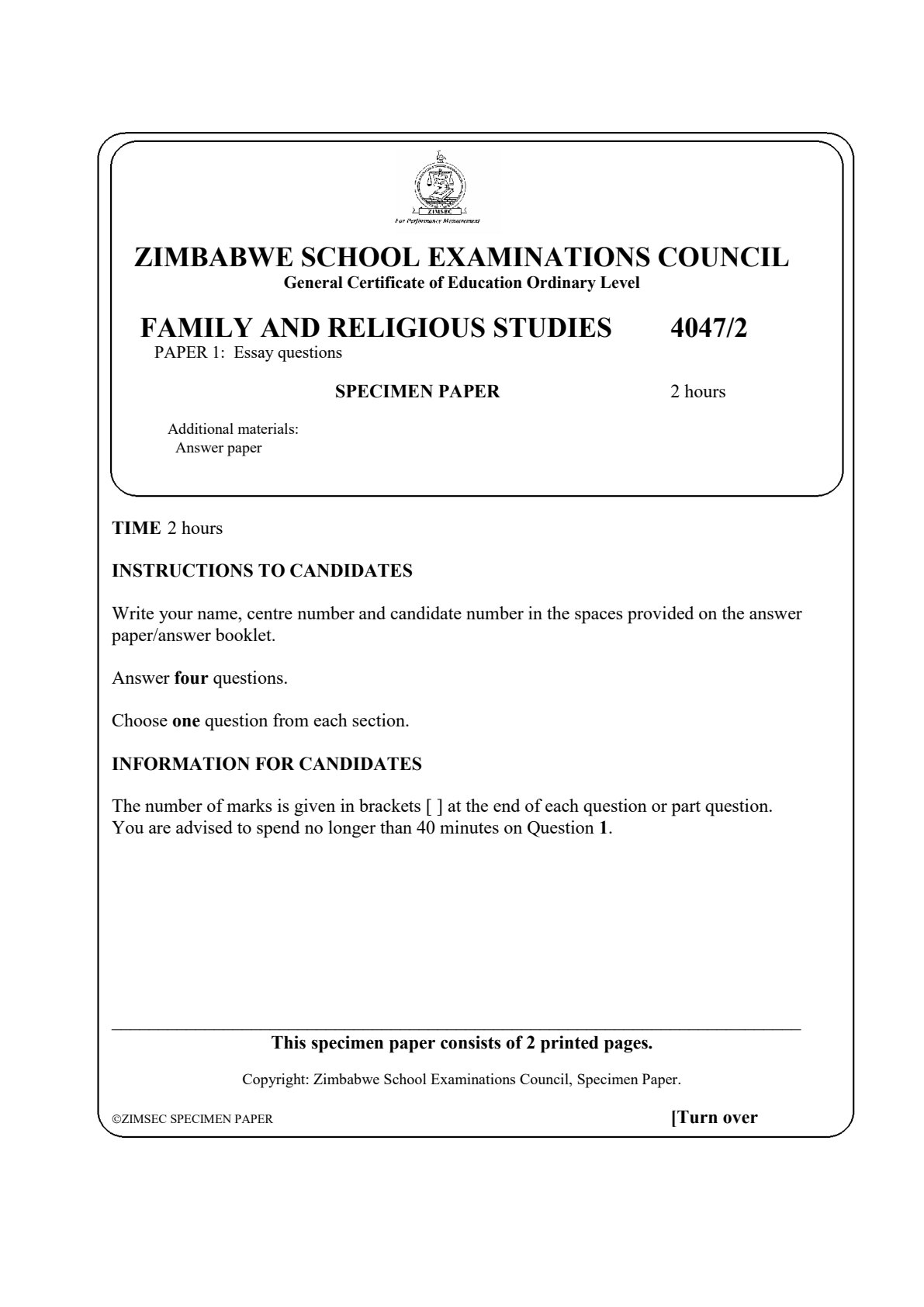 First page of ZIMSEC O-Level Family and Religious Studies Paper 1 Question Paper