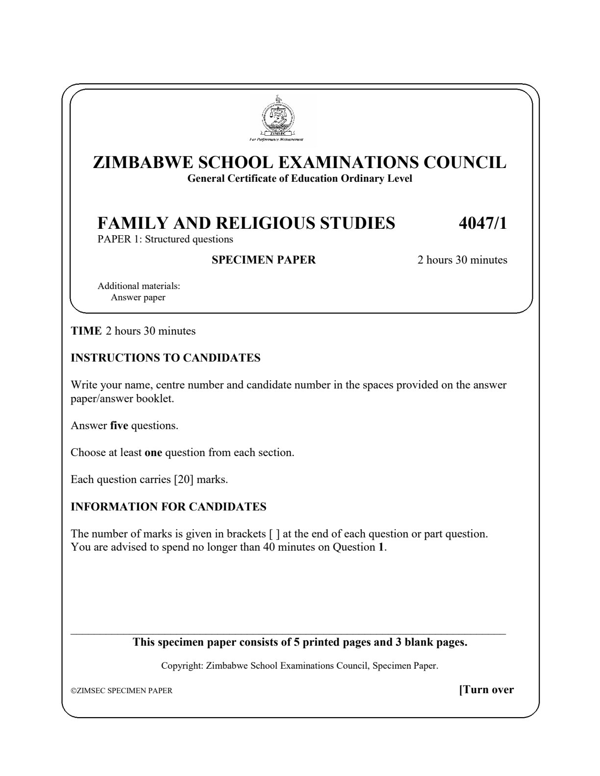 First page of ZIMSEC O-Level Family and Religious Studies Paper 1 Specimen Question Paper