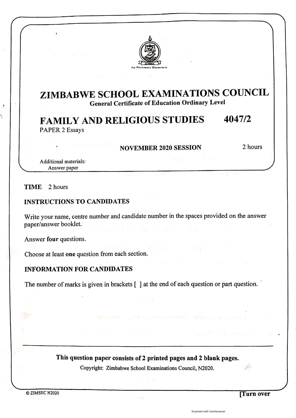 First page of ZIMSEC O-Level Family and Religious Studies Paper 2 November 2020 Question Paper