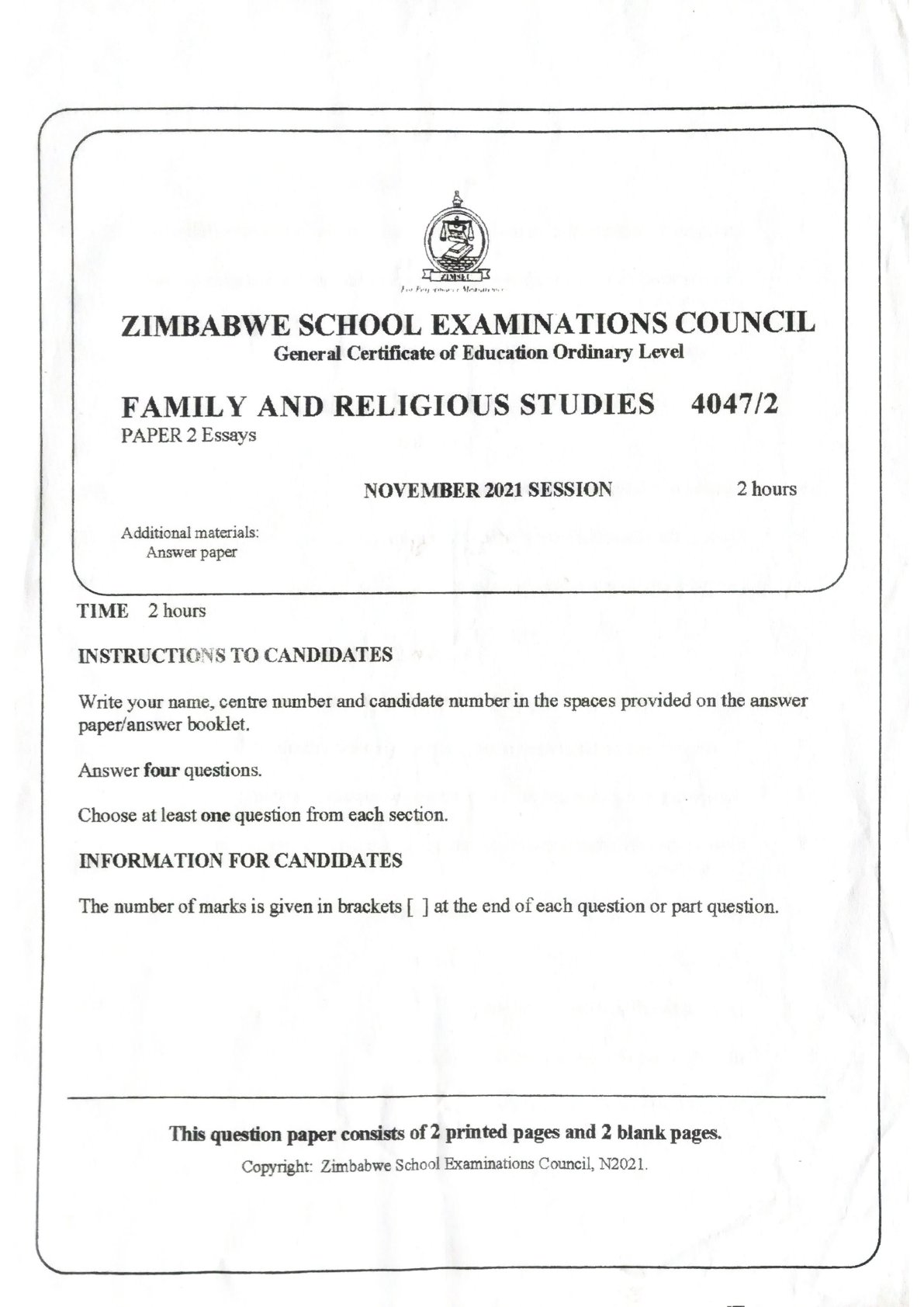 First page of ZIMSEC O-Level Family and Religious Studies Paper 2 November 2021 Question Paper