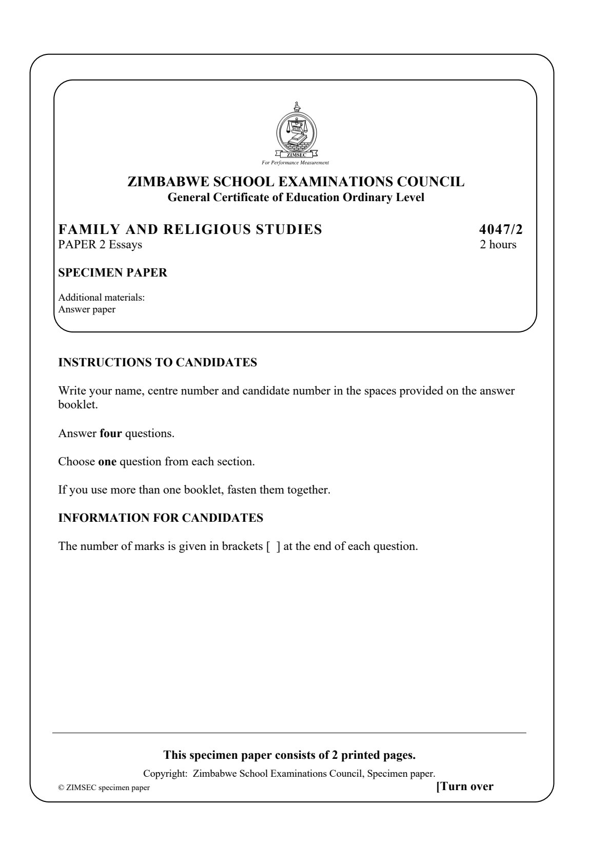 First page of ZIMSEC O-Level Family and Religious Studies Paper 2 Question Paper