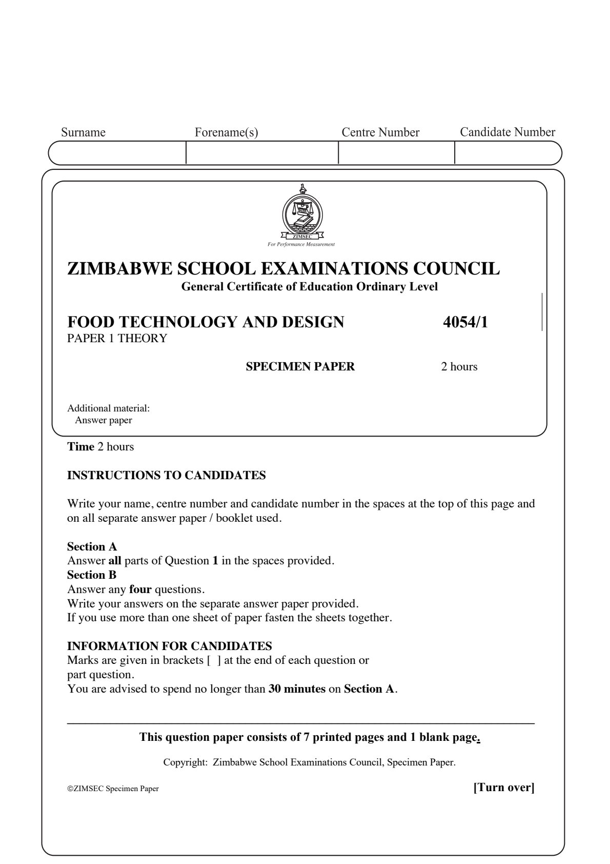 First page of ZIMSEC O-Level Food Technology and Design Paper 1 Question Paper