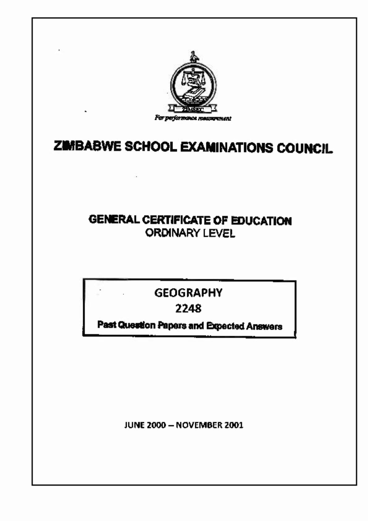 First page of ZIMSEC O-Level Geography Green Book 2000-2001 Study Guide