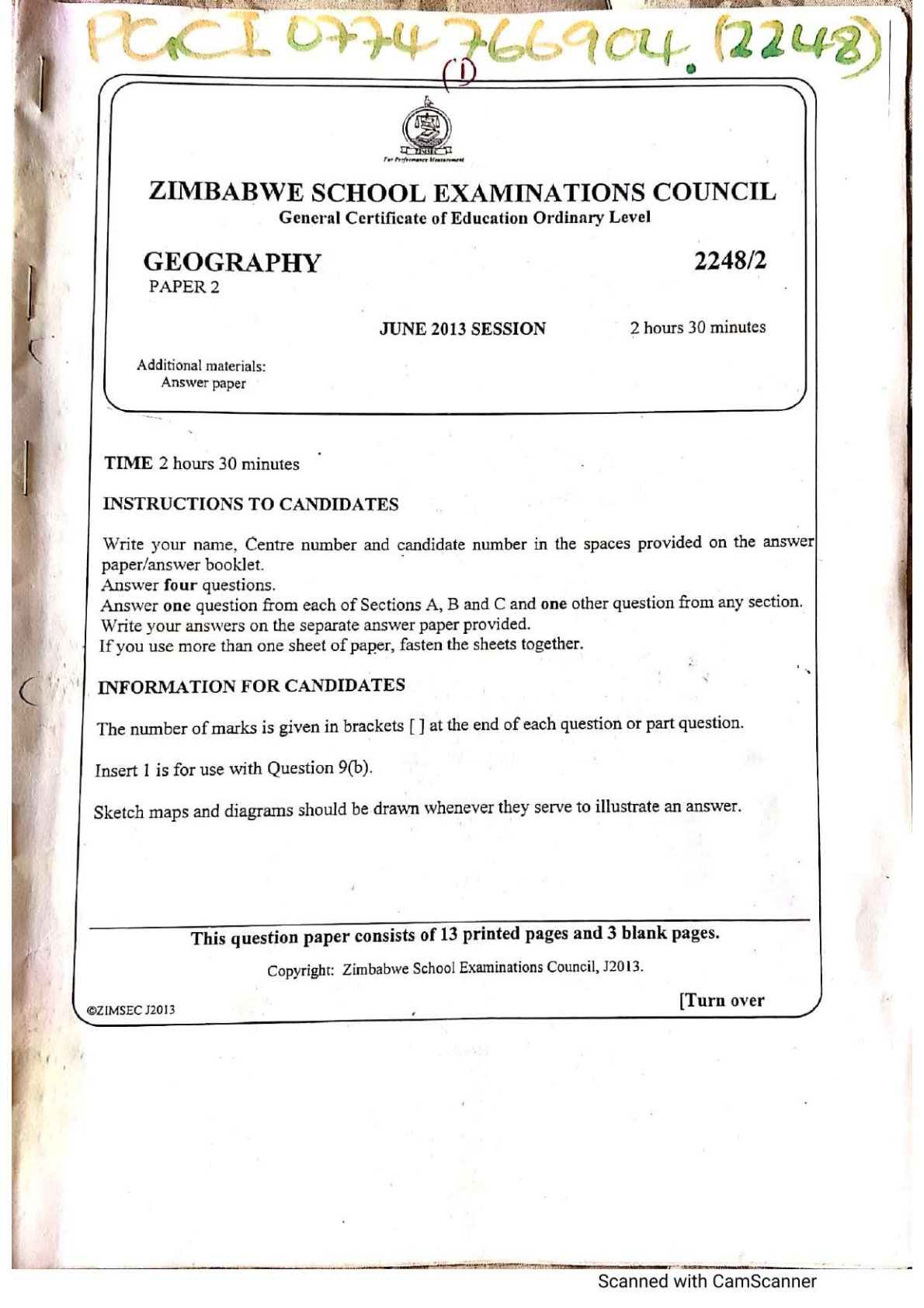 First page of ZIMSEC O-Level Geography Green Book 2013-2019 Study Guide