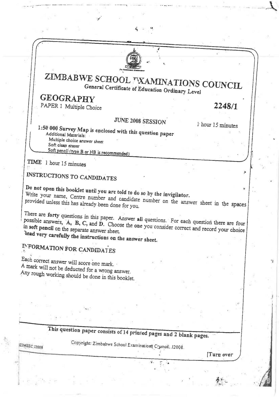 First page of ZIMSEC O-Level Geography Paper 1 June 2008 Question Paper