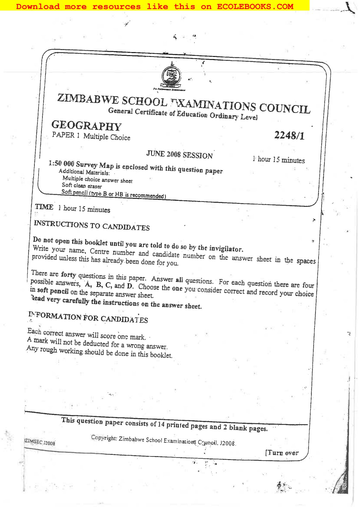 First page of ZIMSEC O-Level Geography Paper 1 June 2008 Question Paper
