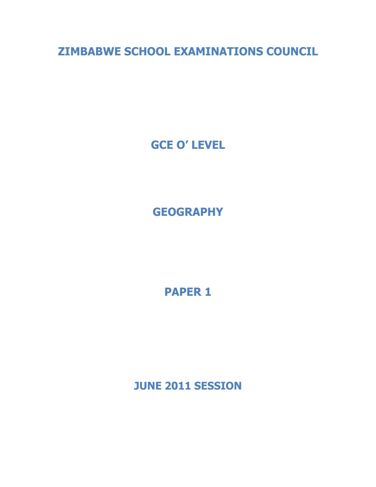 First page of ZIMSEC O-Level Geography Paper 1 June 2011 Question Paper