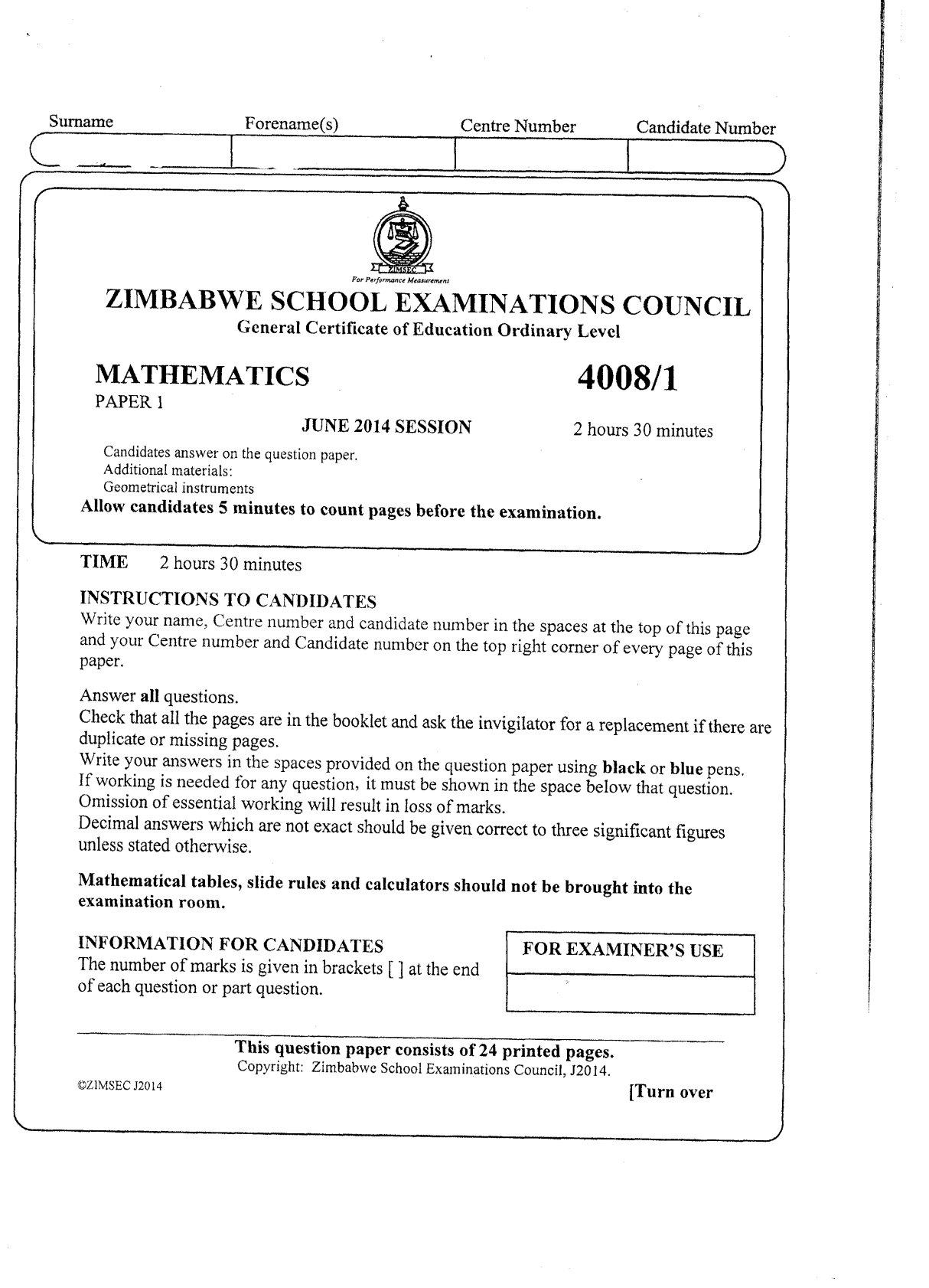 First page of ZIMSEC O-Level Geography Paper 1 June 2014 Question Paper