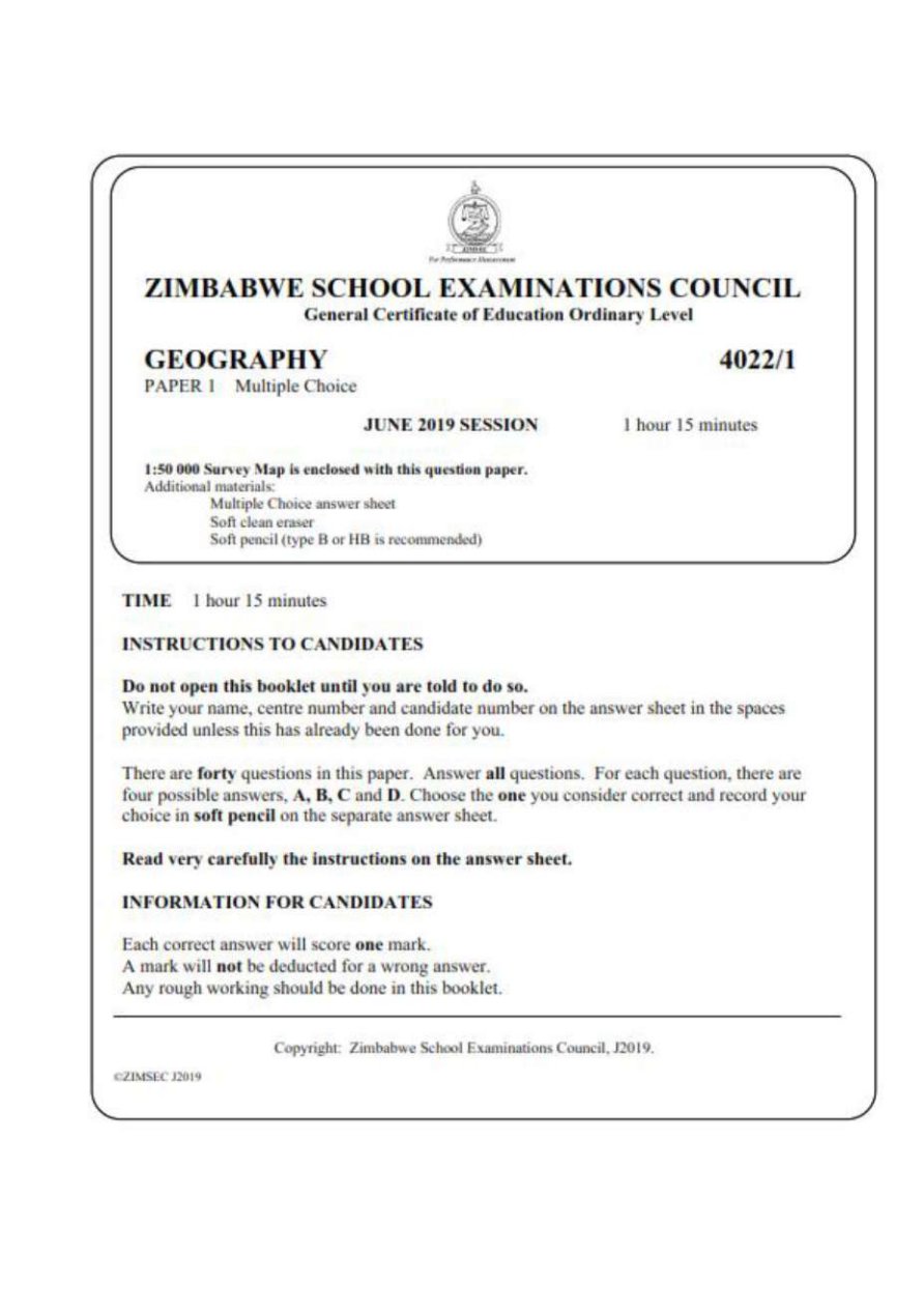 First page of ZIMSEC O-Level Geography Paper 1 June 2019 Question Paper