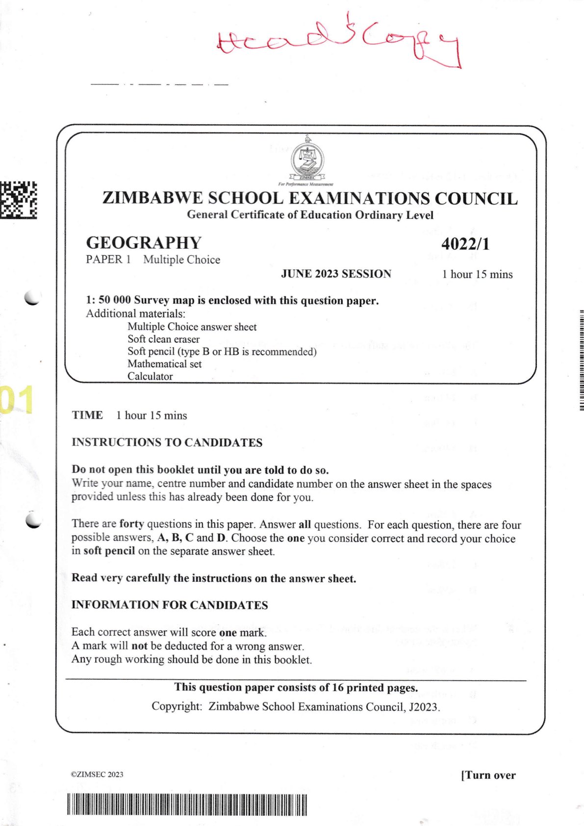First page of ZIMSEC O-Level Geography Paper 1 June 2023 Question Paper