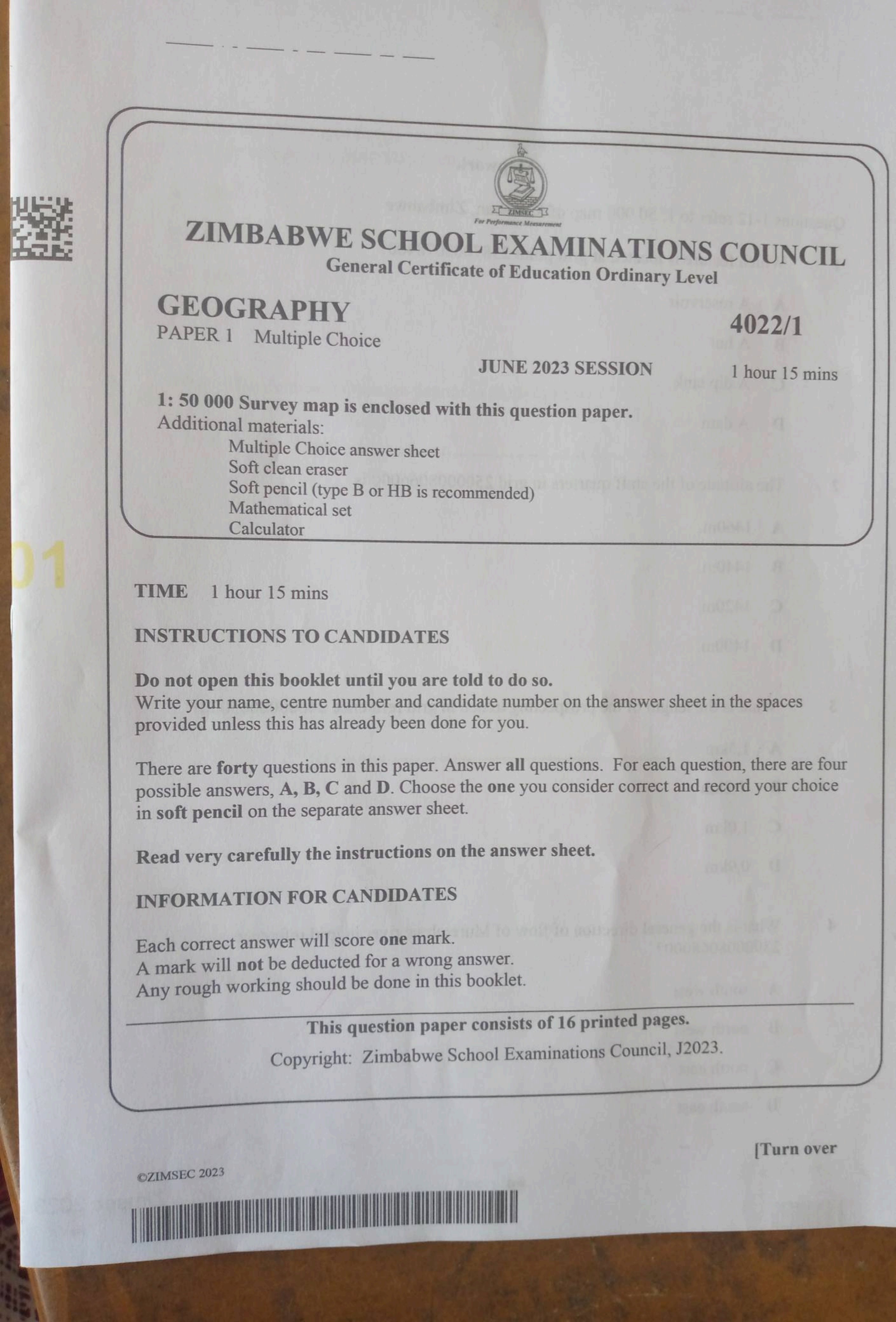 First page of ZIMSEC O-Level Geography Paper 1 June 2023 Question Paper