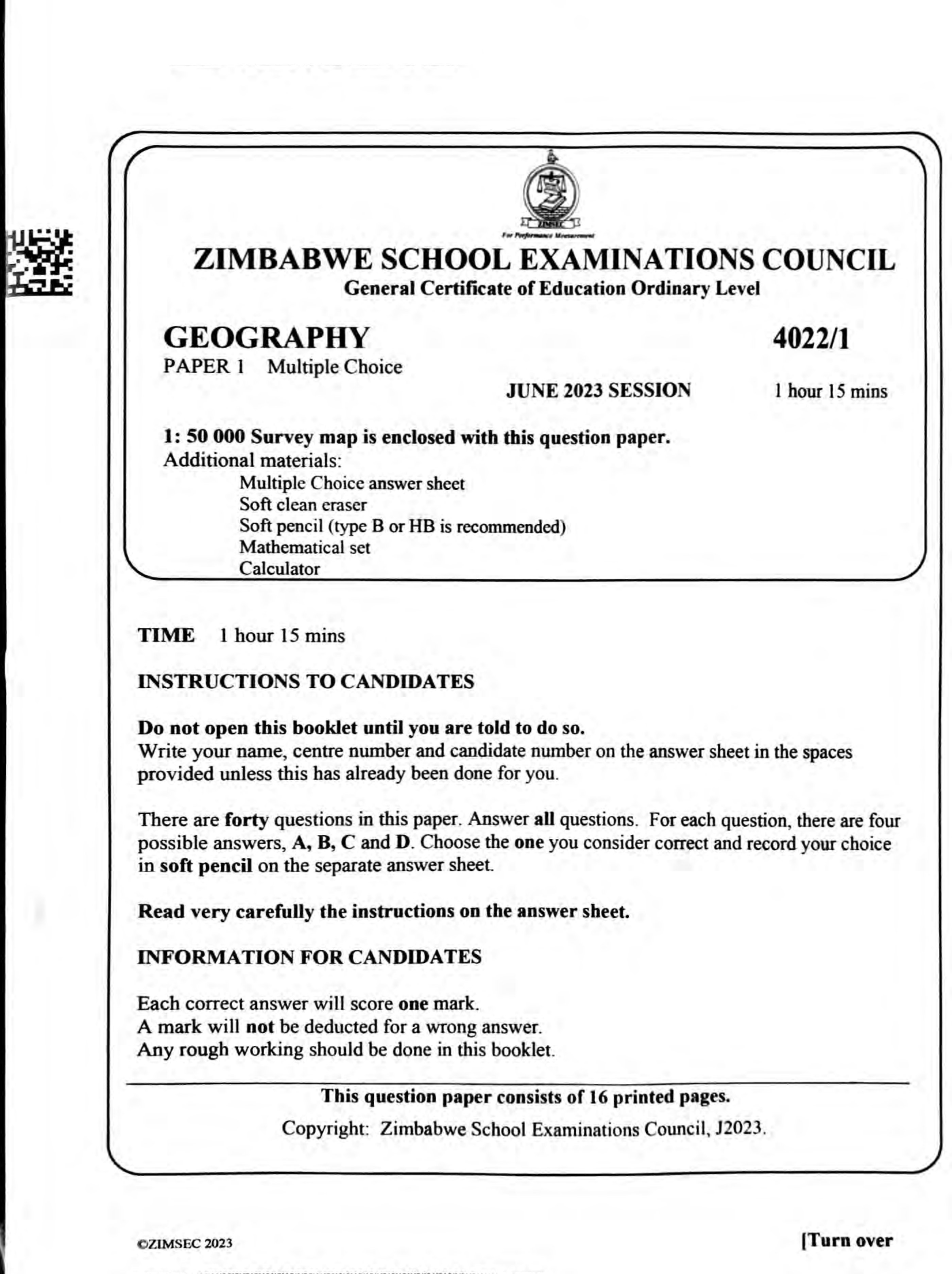 First page of ZIMSEC O-Level Geography Paper 1 June 2023 Question Paper