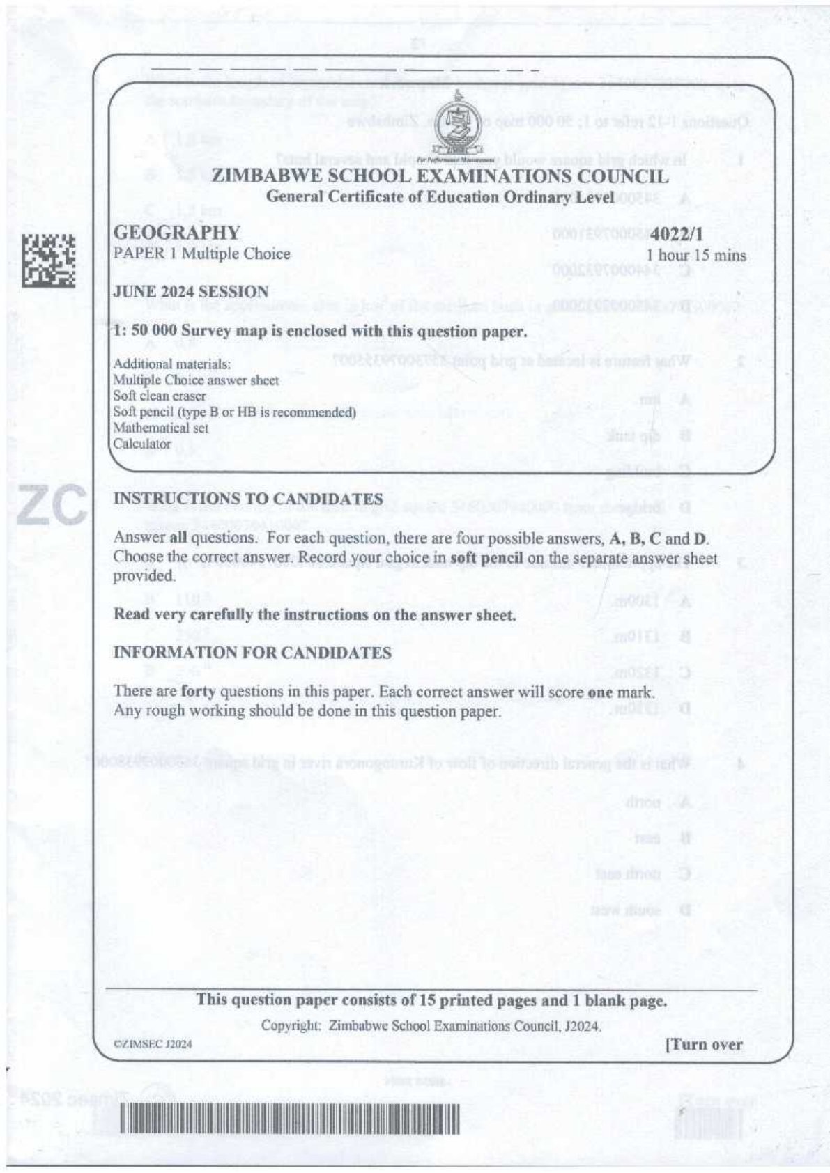 First page of ZIMSEC O-Level Geography Paper 1 June 2024 Question Paper