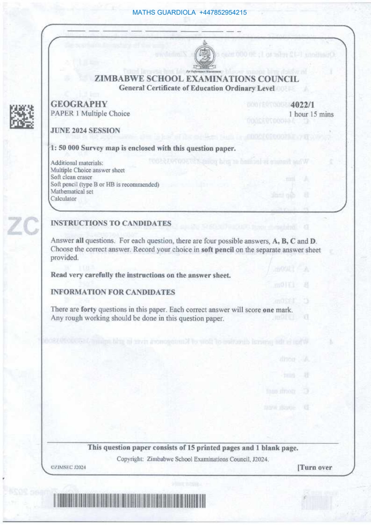 First page of ZIMSEC O-Level Geography Paper 1 June 2024 Question Paper