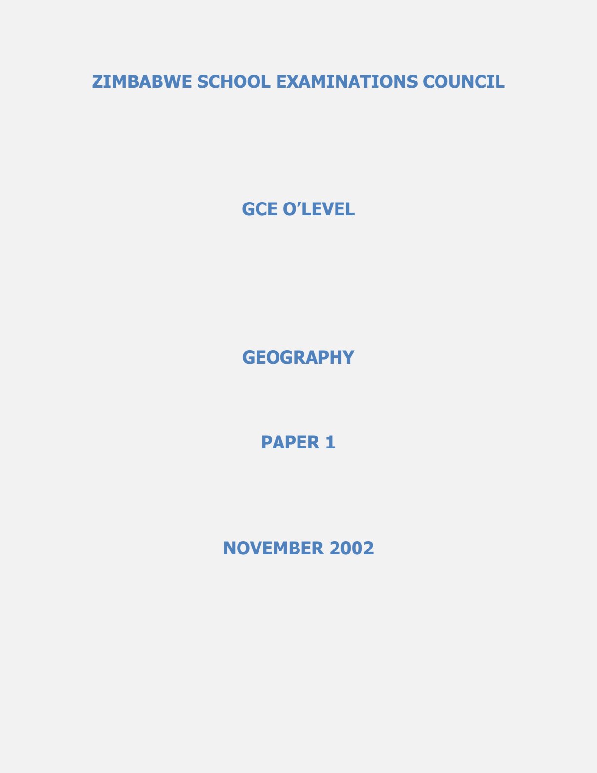 First page of ZIMSEC O-Level Geography Paper 1 November 2002 Question Paper