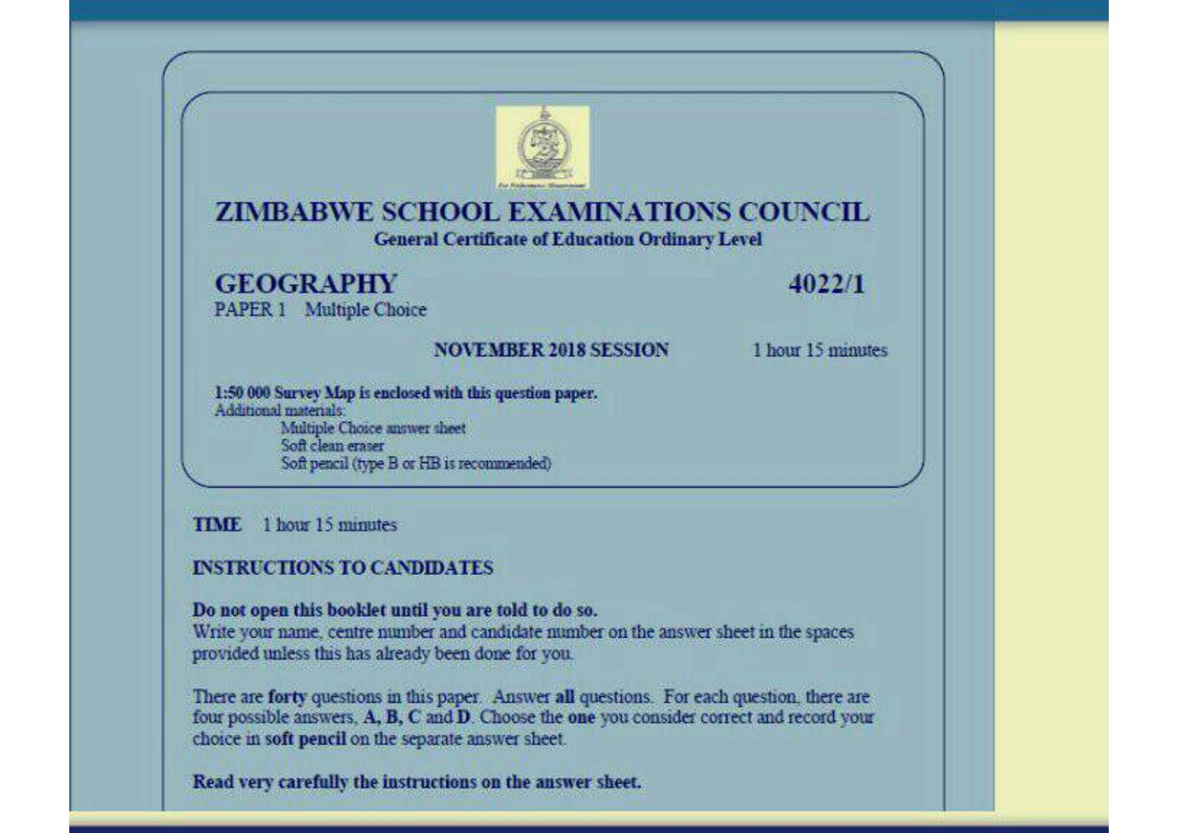 First page of ZIMSEC O-Level Geography Paper 1 November 2018 Question Paper