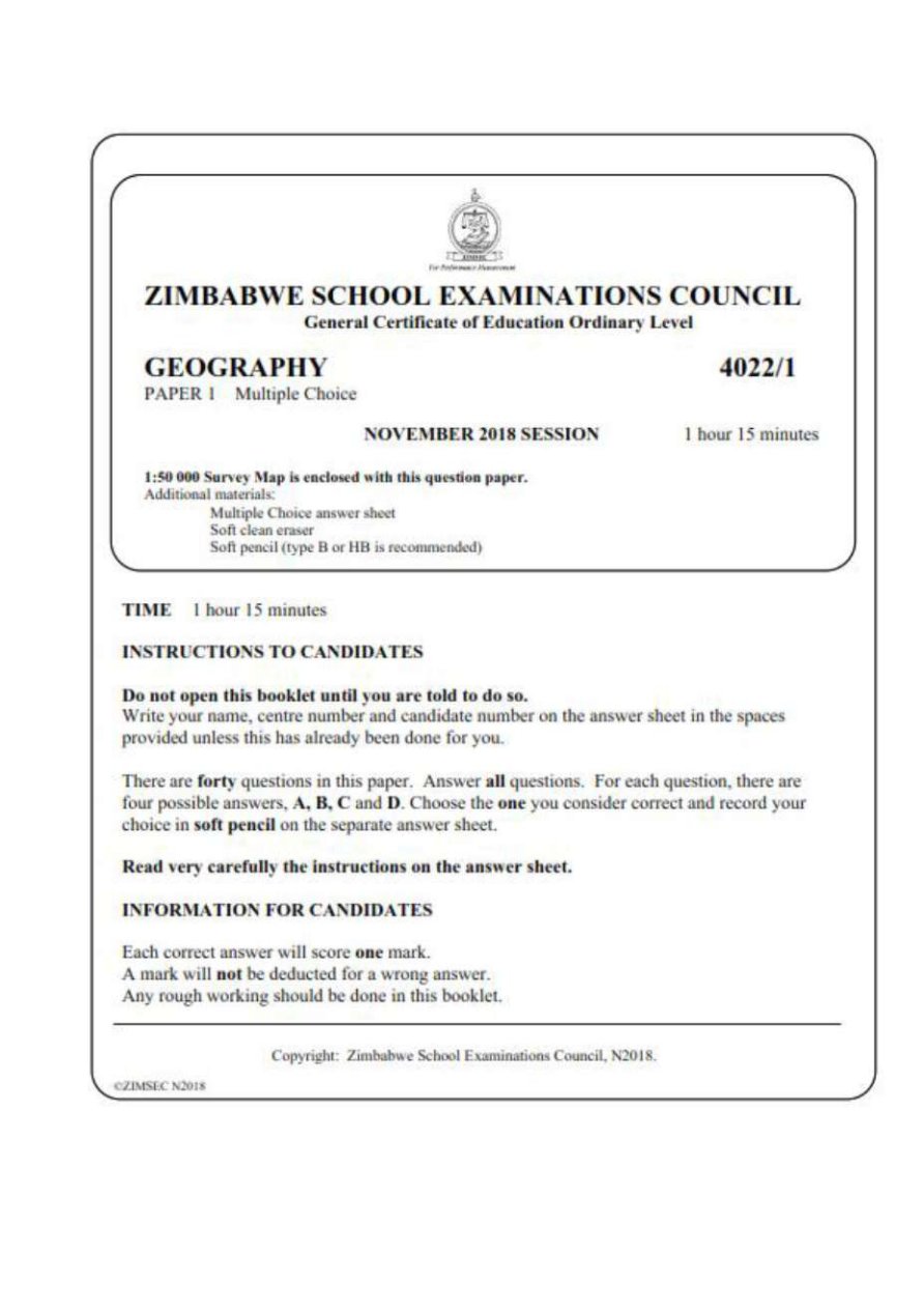 First page of ZIMSEC O-Level Geography Paper 1 November 2018 Question Paper