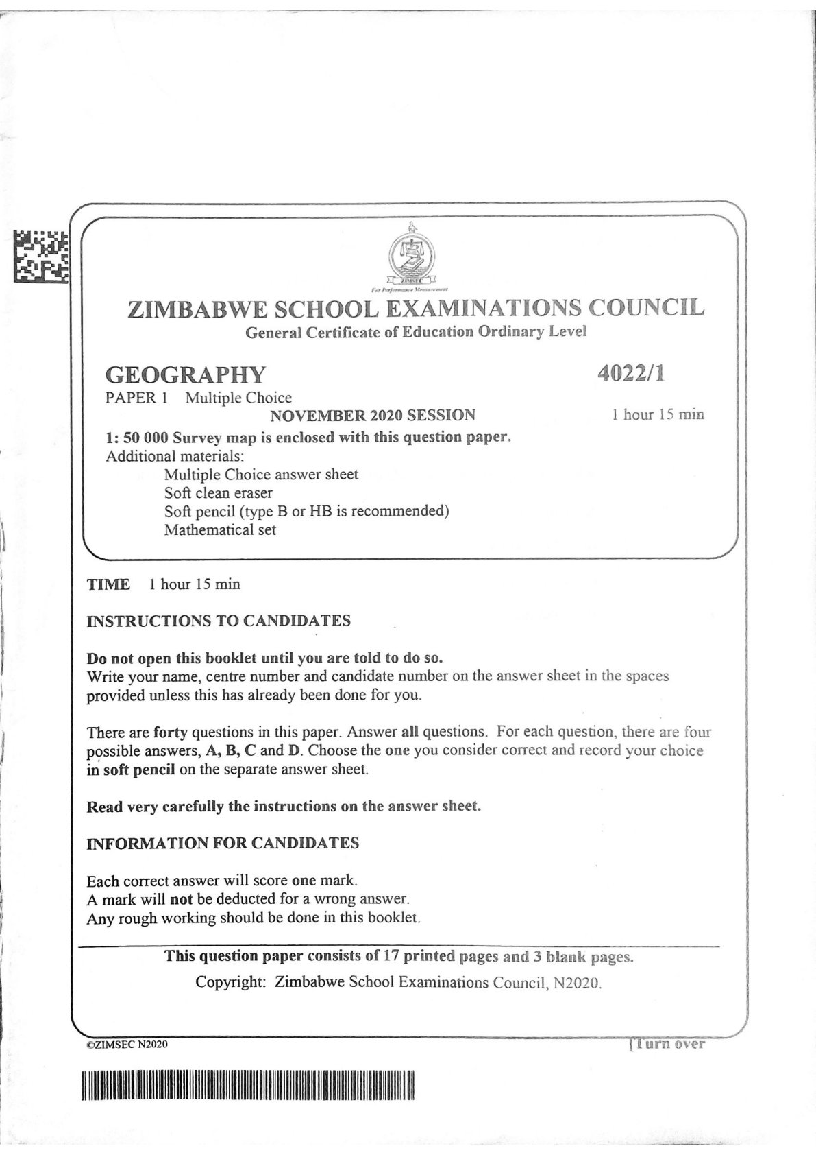 First page of ZIMSEC O-Level Geography Paper 1 November 2020 Question Paper