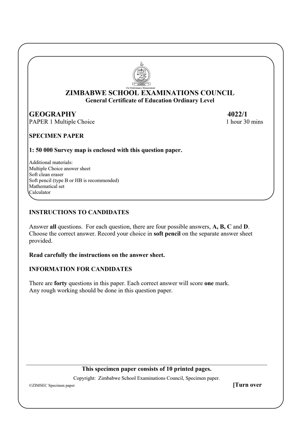 First page of ZIMSEC O-Level Geography Paper 1 Question Paper