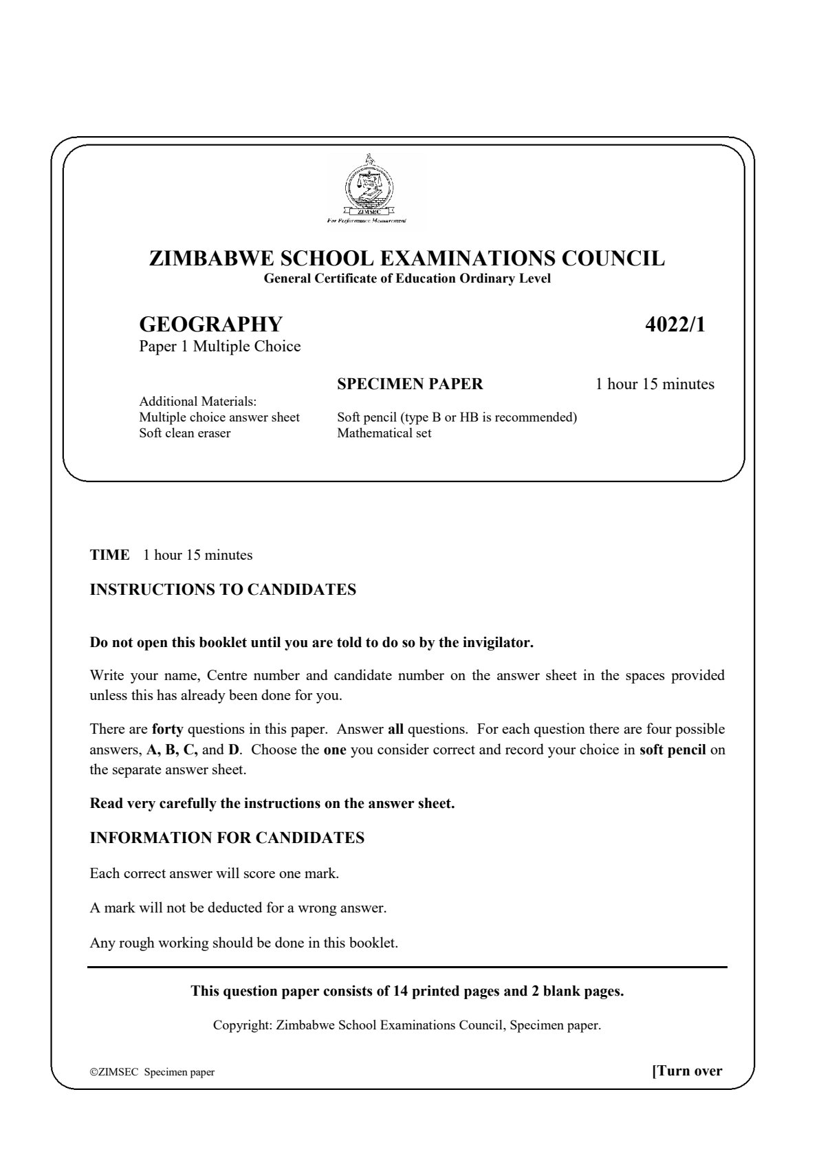 First page of ZIMSEC O-Level Geography Paper 1 Question Paper