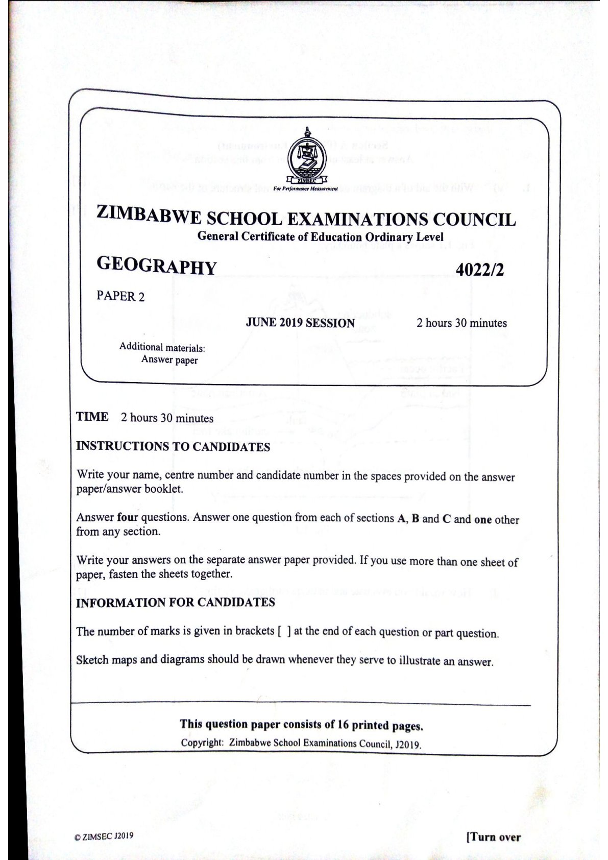 First page of ZIMSEC O-Level Geography Paper 2 June 2019 Question Paper