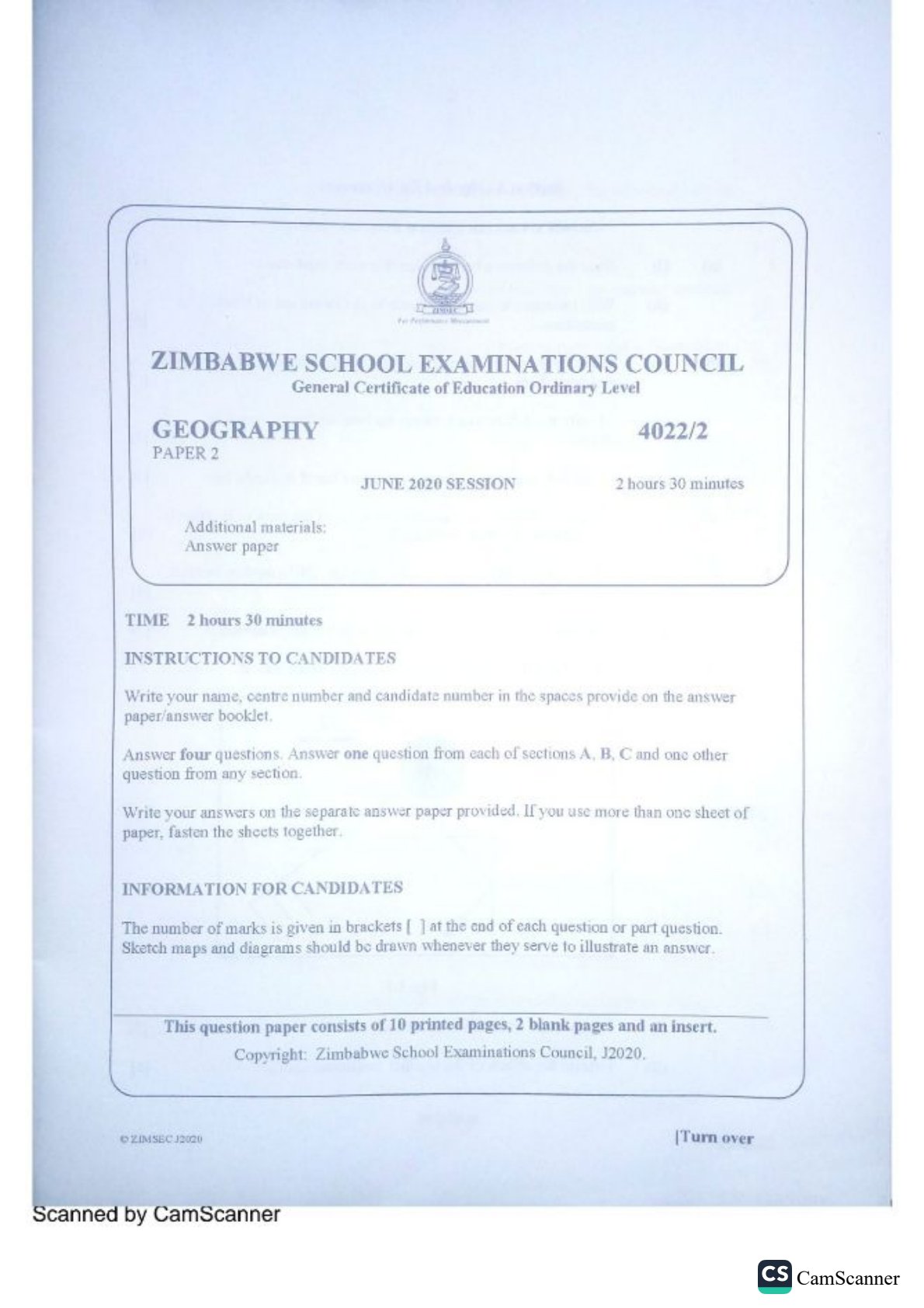 First page of ZIMSEC O-Level Geography Paper 2 June 2020 Question Paper