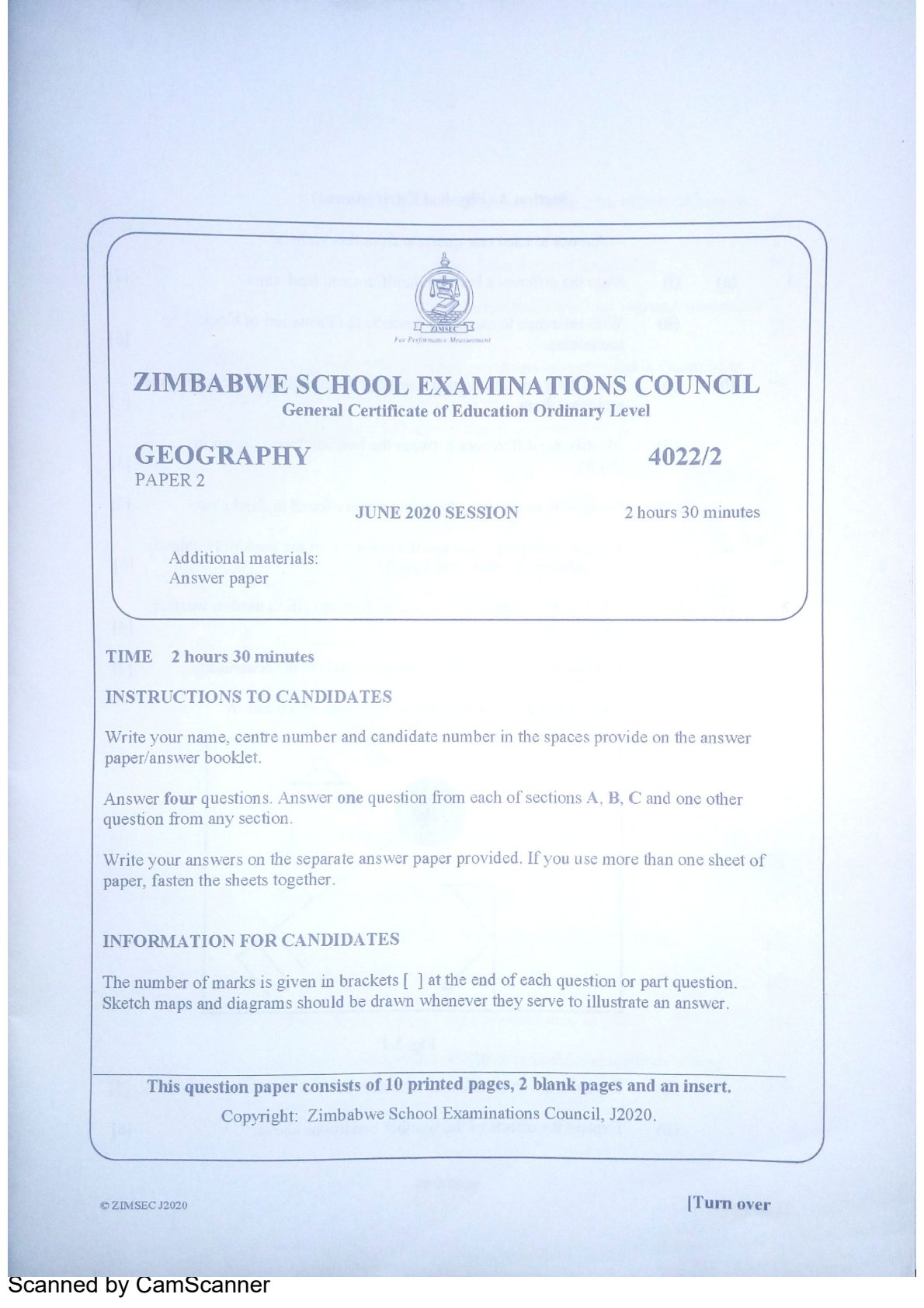 First page of ZIMSEC O-Level Geography Paper 2 June 2020 Question Paper