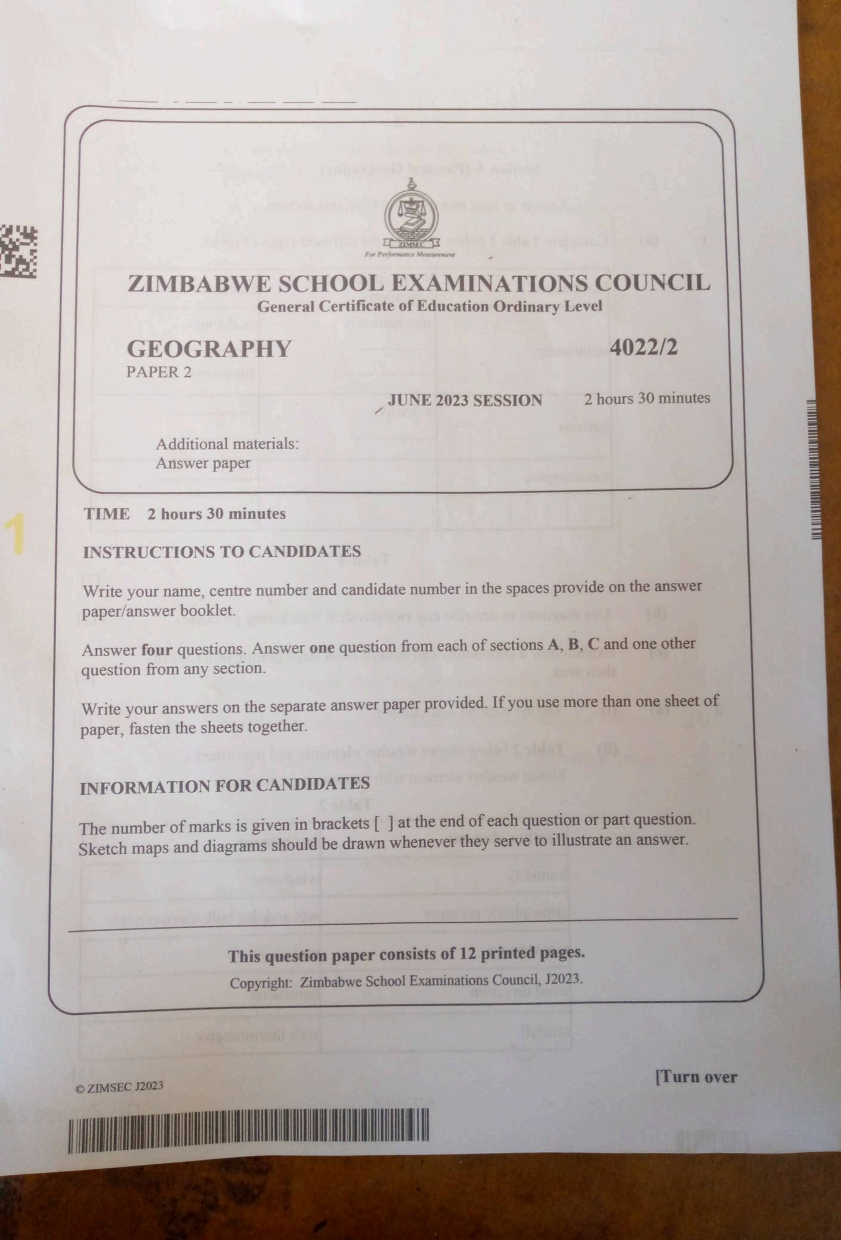 First page of ZIMSEC O-Level Geography Paper 2 June 2023 Question Paper