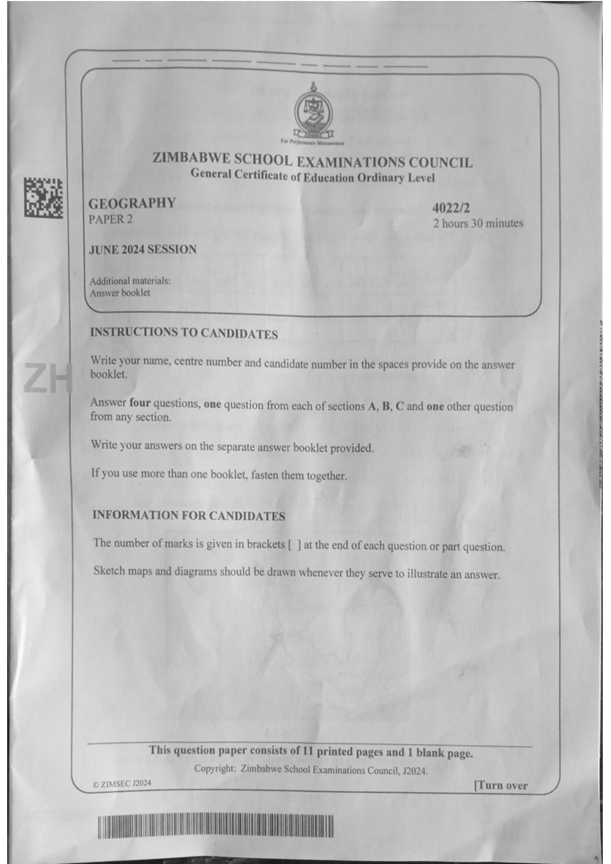First page of ZIMSEC O-Level Geography Paper 2 June 2024 Question Paper
