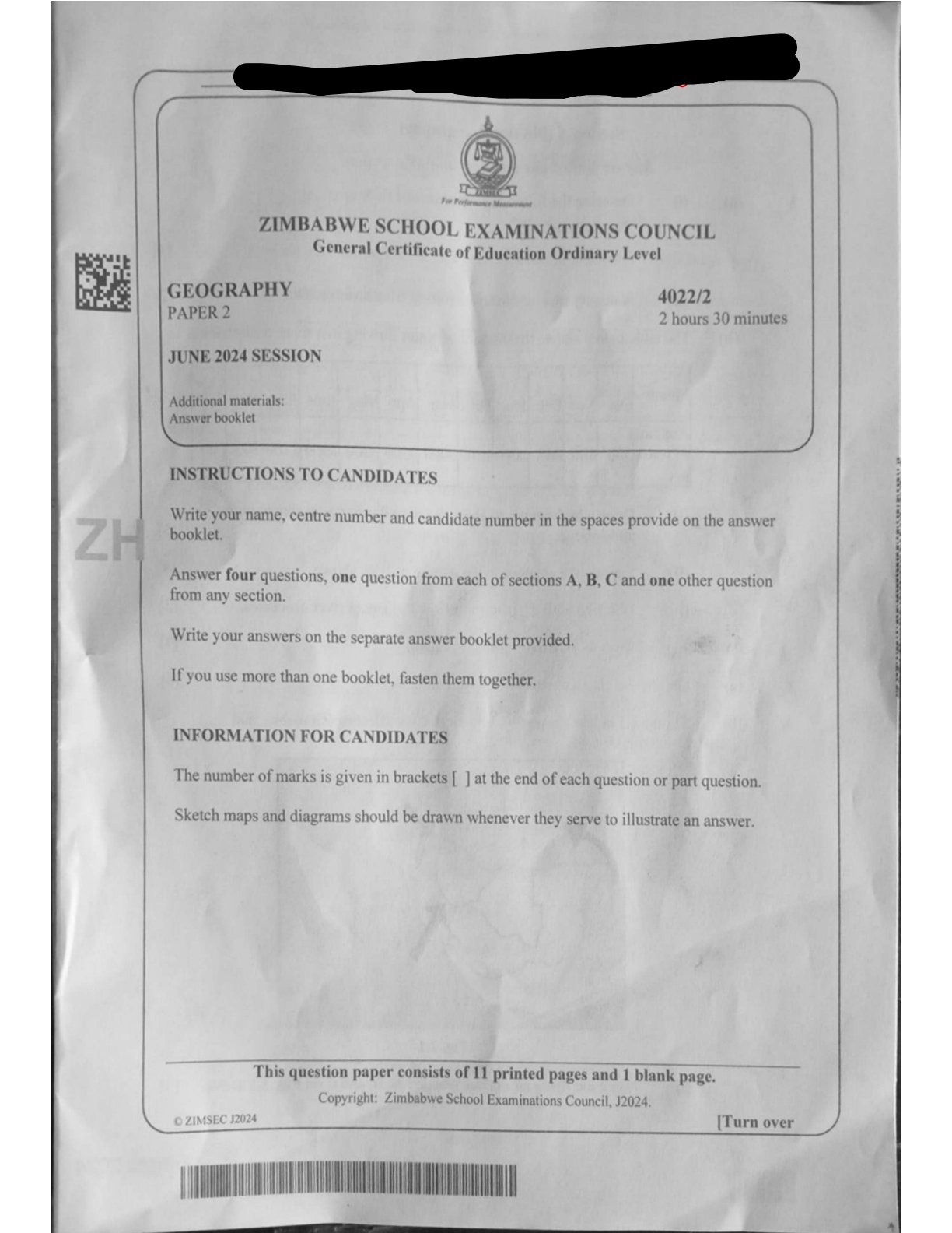 First page of ZIMSEC O-Level Geography Paper 2 June 2024 Question Paper