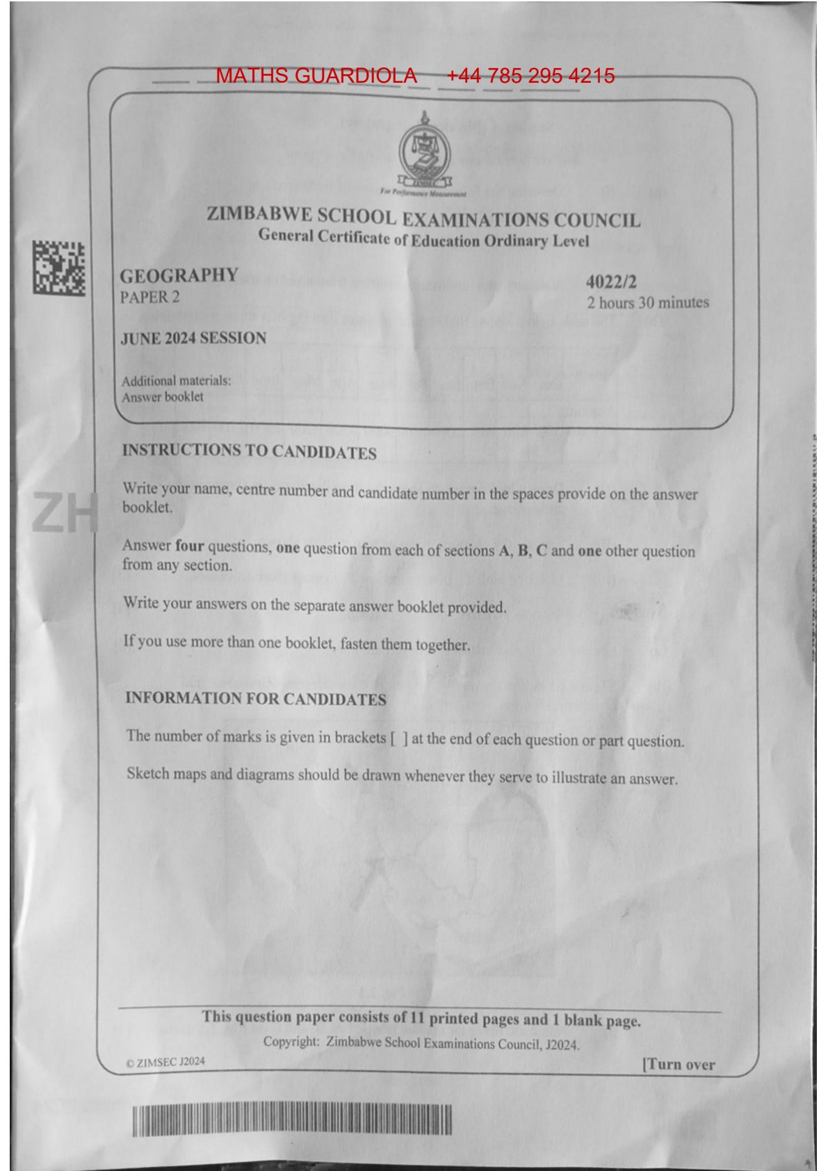 First page of ZIMSEC O-Level Geography Paper 2 June 2024 Question Paper