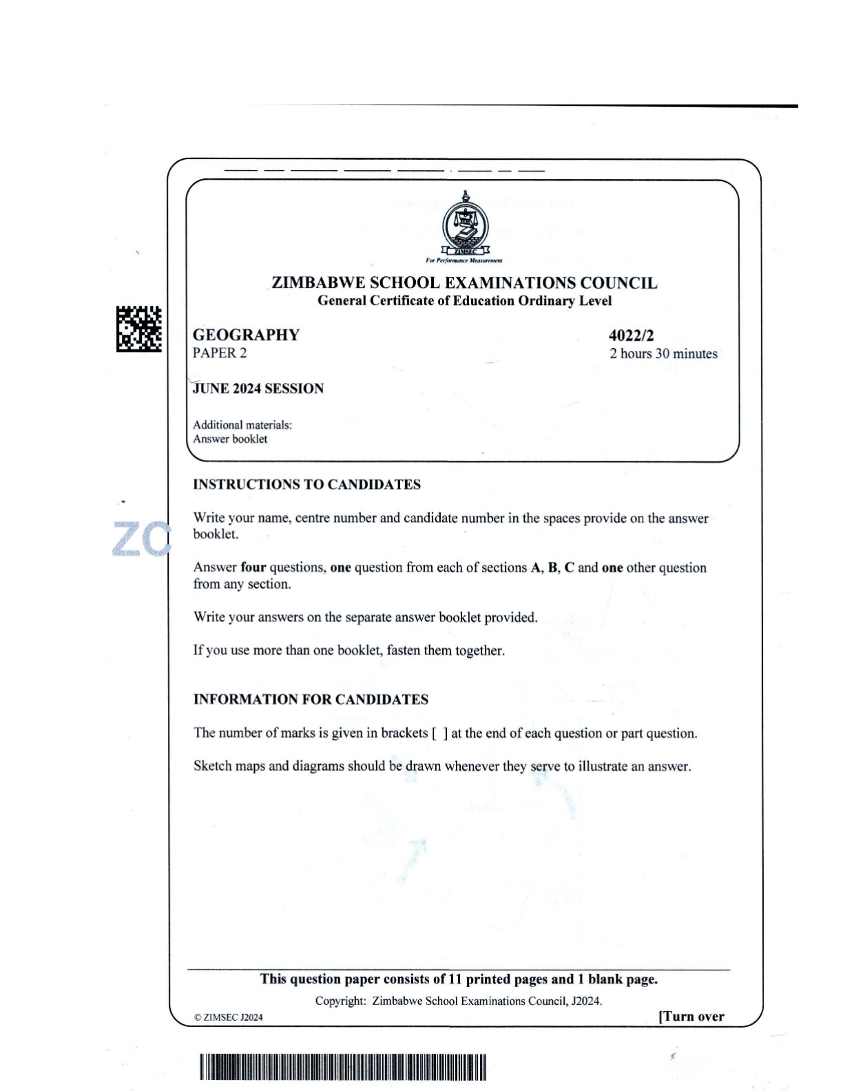First page of ZIMSEC O-Level Geography Paper 2 June 2024 Question Paper