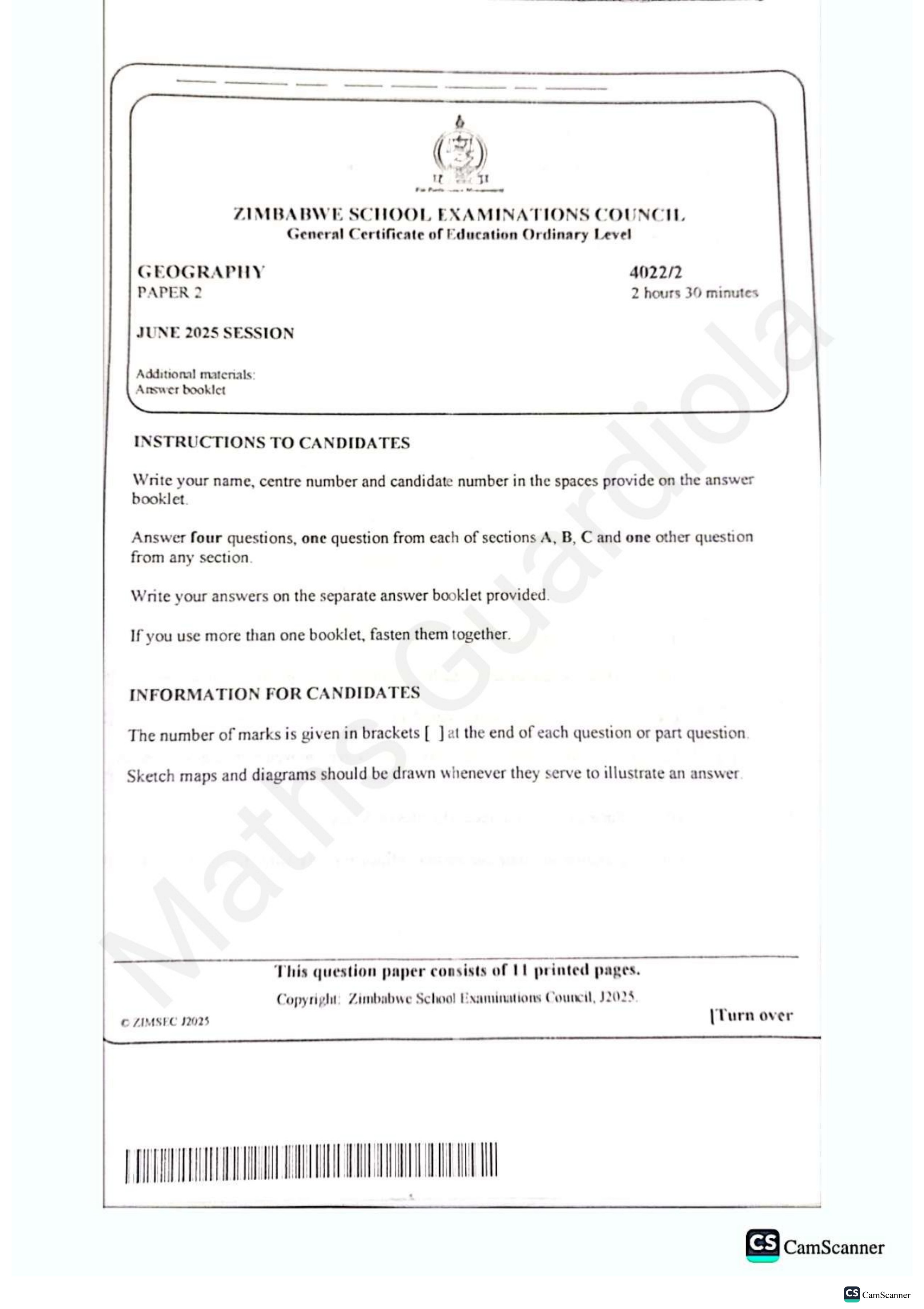 First page of ZIMSEC O-Level Geography Paper 2 June 2025 Question Paper