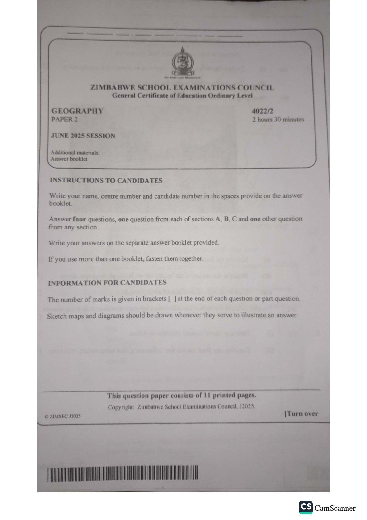 First page of ZIMSEC O-Level Geography Paper 2 June 2025 Question Paper