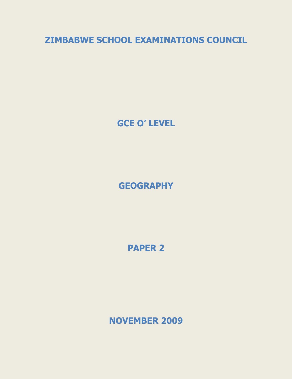 First page of ZIMSEC O-Level Geography Paper 2 November 2009 Question Paper