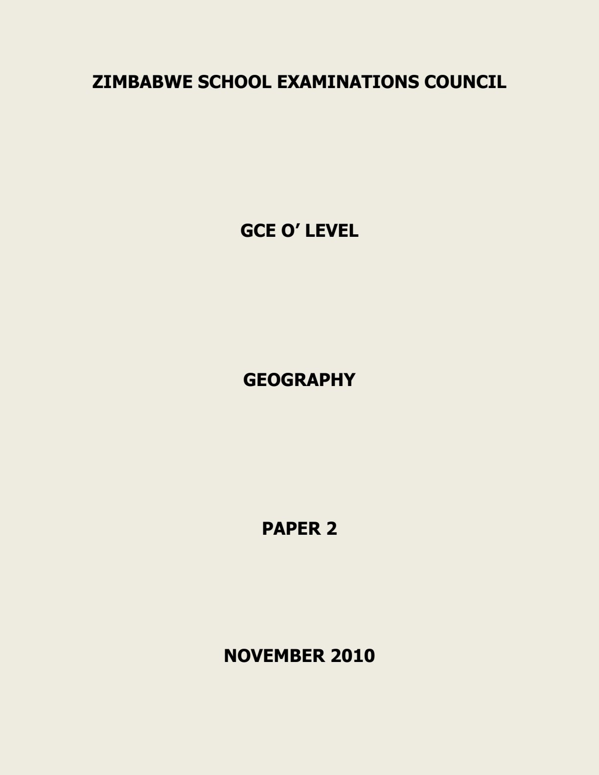 First page of ZIMSEC O-Level Geography Paper 2 November 2010 Question Paper