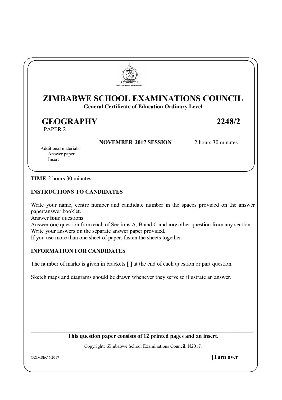 First page of ZIMSEC O-Level Geography Paper 2 November 2017 Question Paper