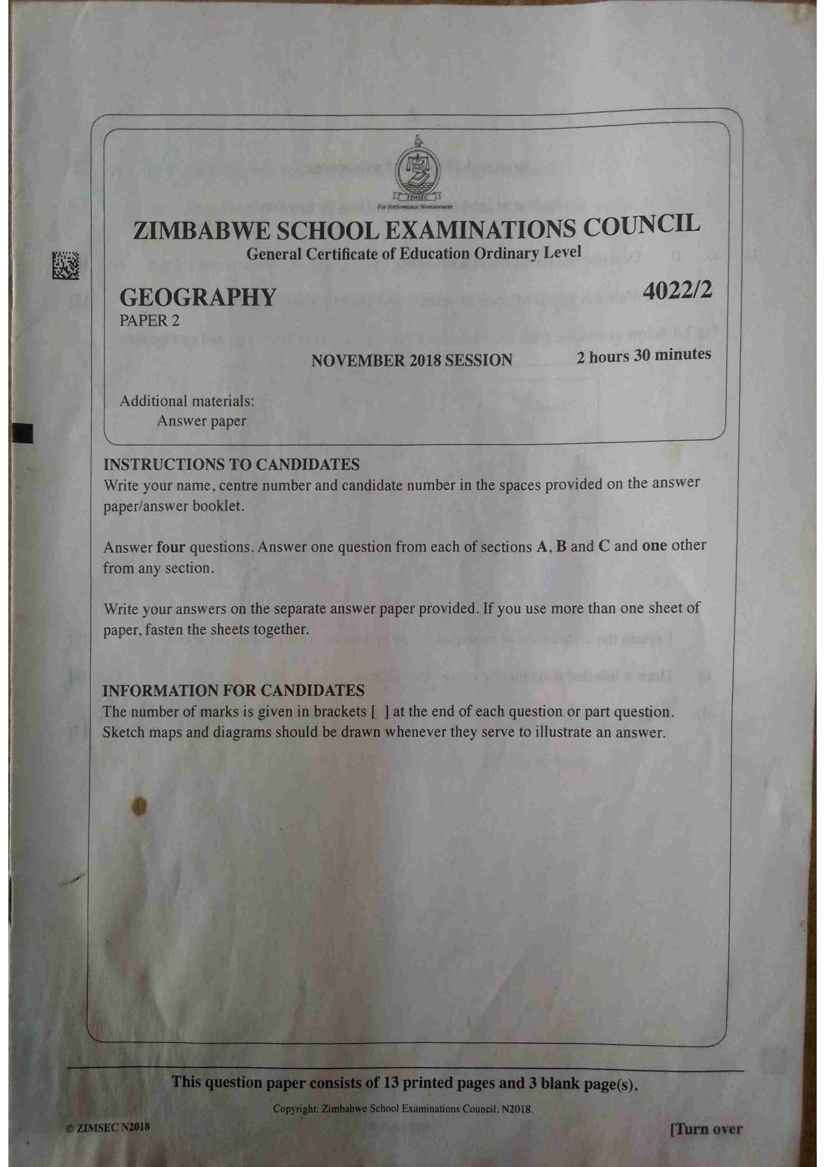 First page of ZIMSEC O-Level Geography Paper 2 November 2018 Question Paper