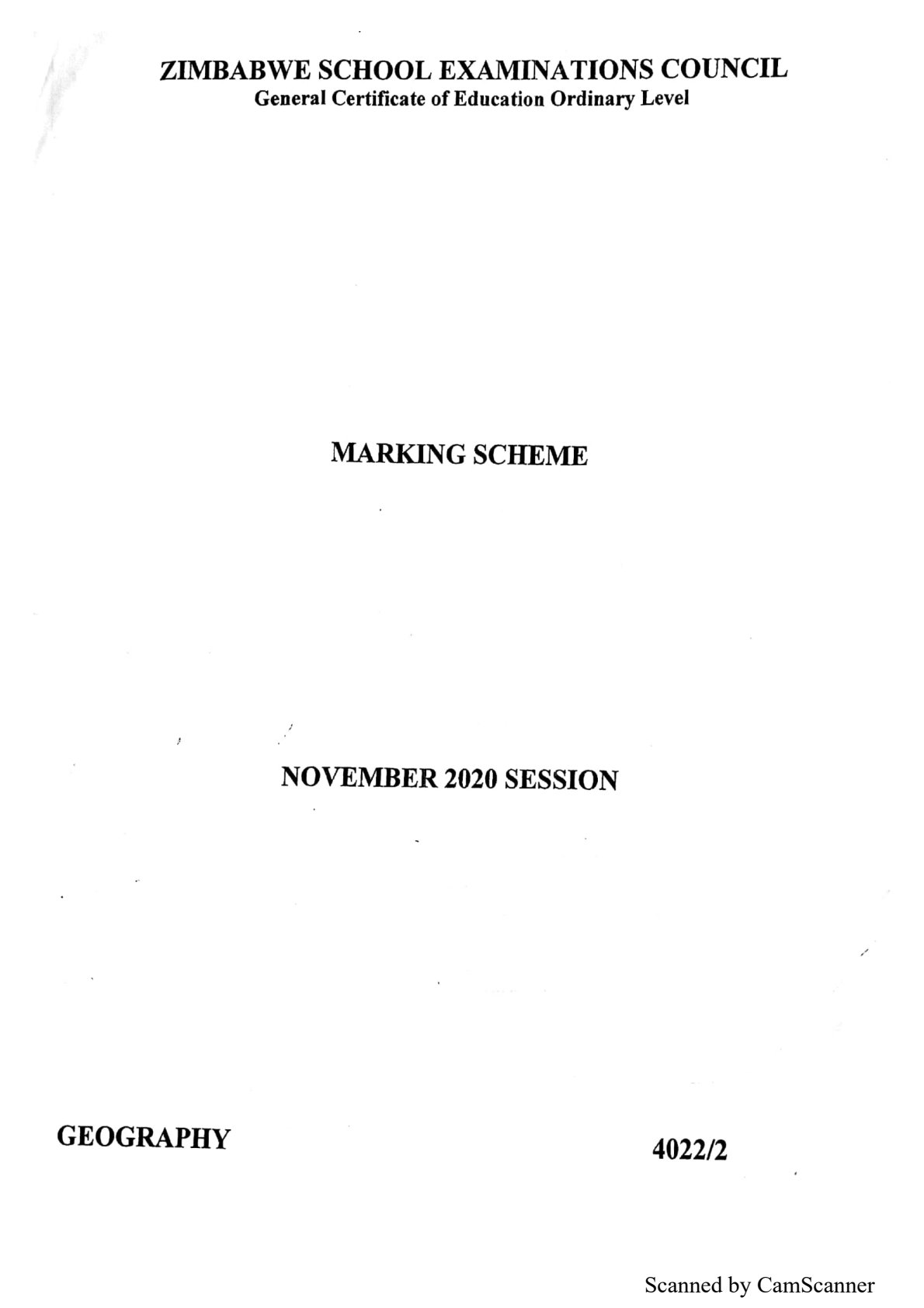 First page of ZIMSEC O-Level Geography Paper 2 November 2020 Marking Scheme