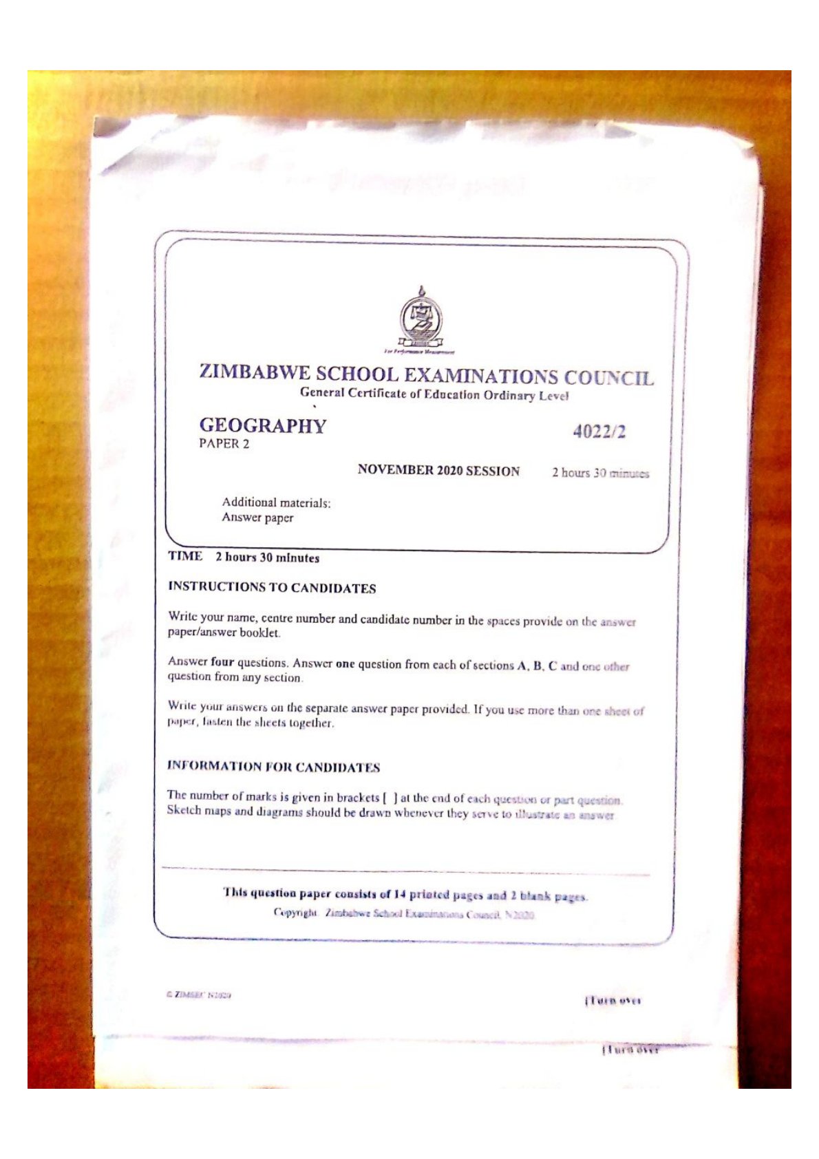 First page of ZIMSEC O-Level Geography Paper 2 November 2020 Question Paper