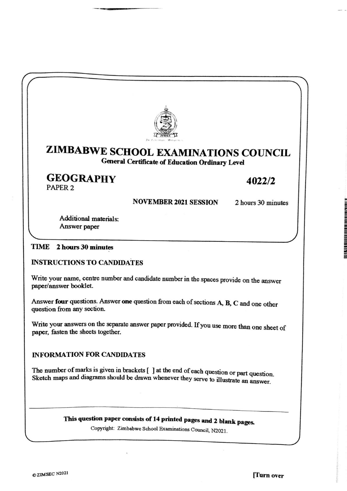 First page of ZIMSEC O-Level Geography Paper 2 November 2021 Question Paper