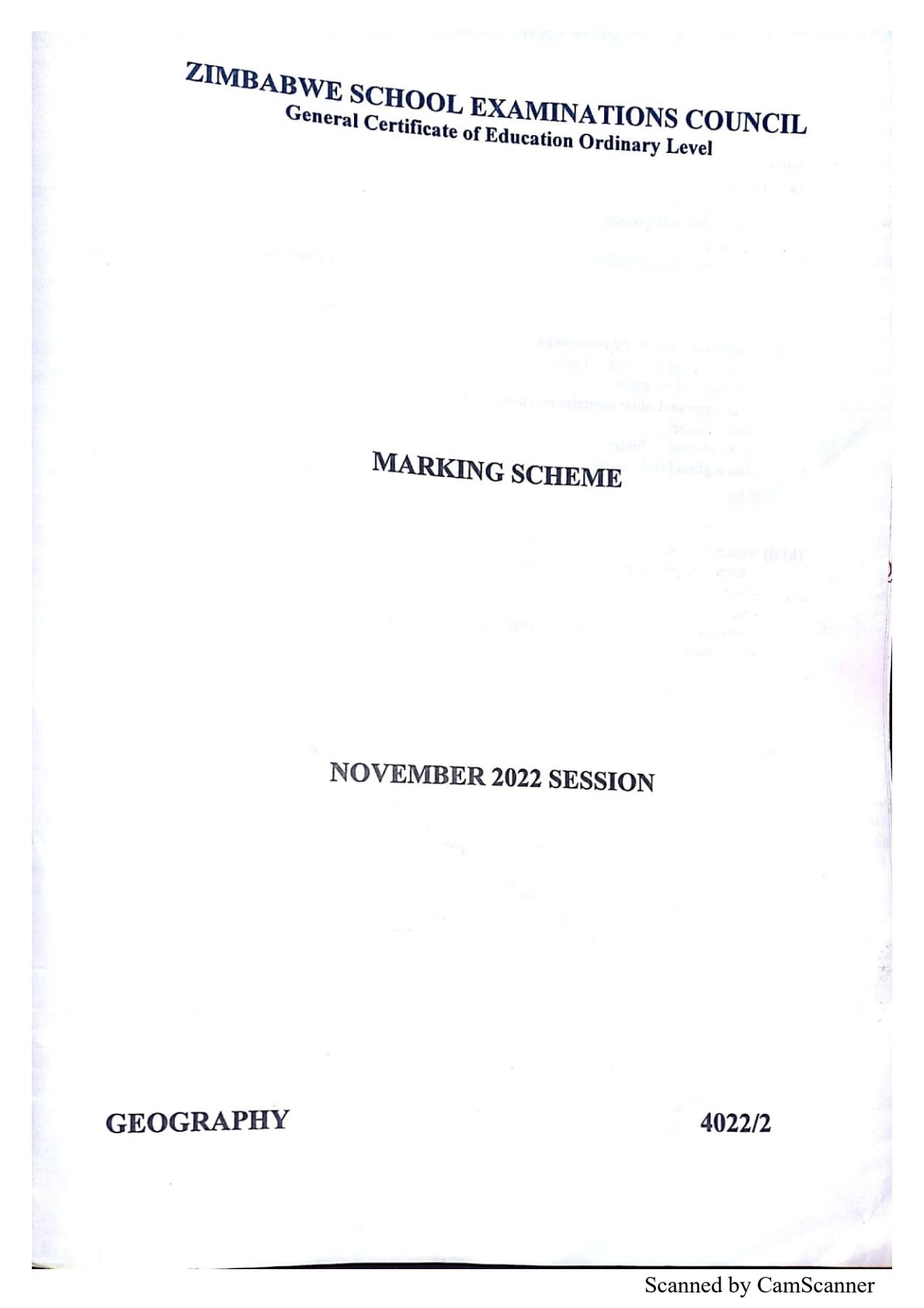 First page of ZIMSEC O-Level Geography Paper 2 November 2022 Marking Scheme